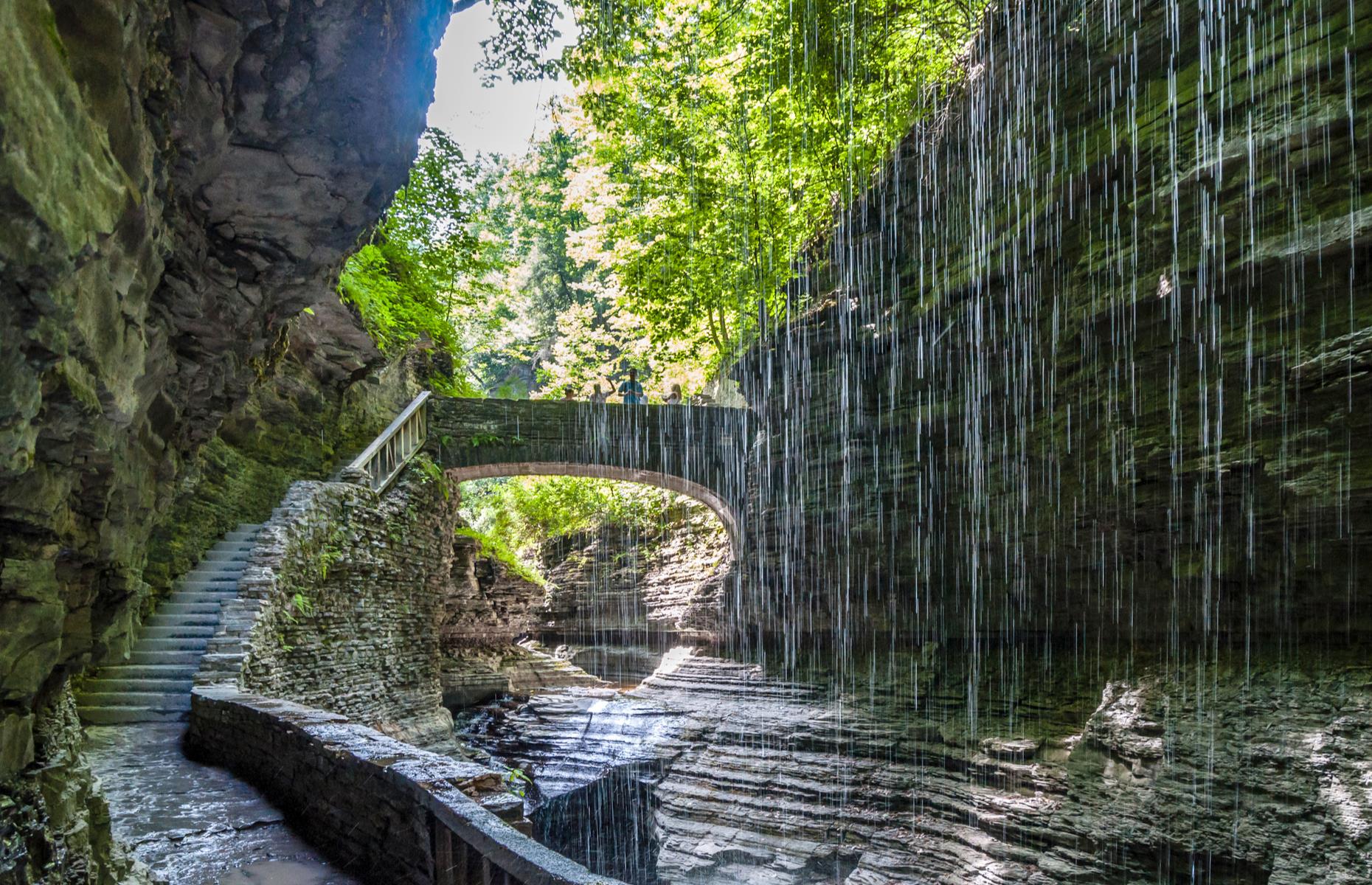 The gorge in this state park is so picturesque it could have been carved by hand. Some 19 waterfalls exist in the Finger Lakes region, formed as a stream beats its way through the narrow, moss-covered glen. Trails hem each side of the gorge, following the water's path – opt for the Gorge Trail, a 2.5-mile (4km) loop that takes in the 50-foot (15.2m) Cavern Cascade, the most impressive of all the falls.