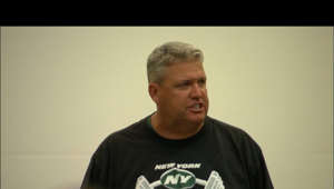 Rex Ryan looking at the camera: Jets head coach Rex Ryan addresses the team during 2010 training camp in this episode of "Hard Knocks".