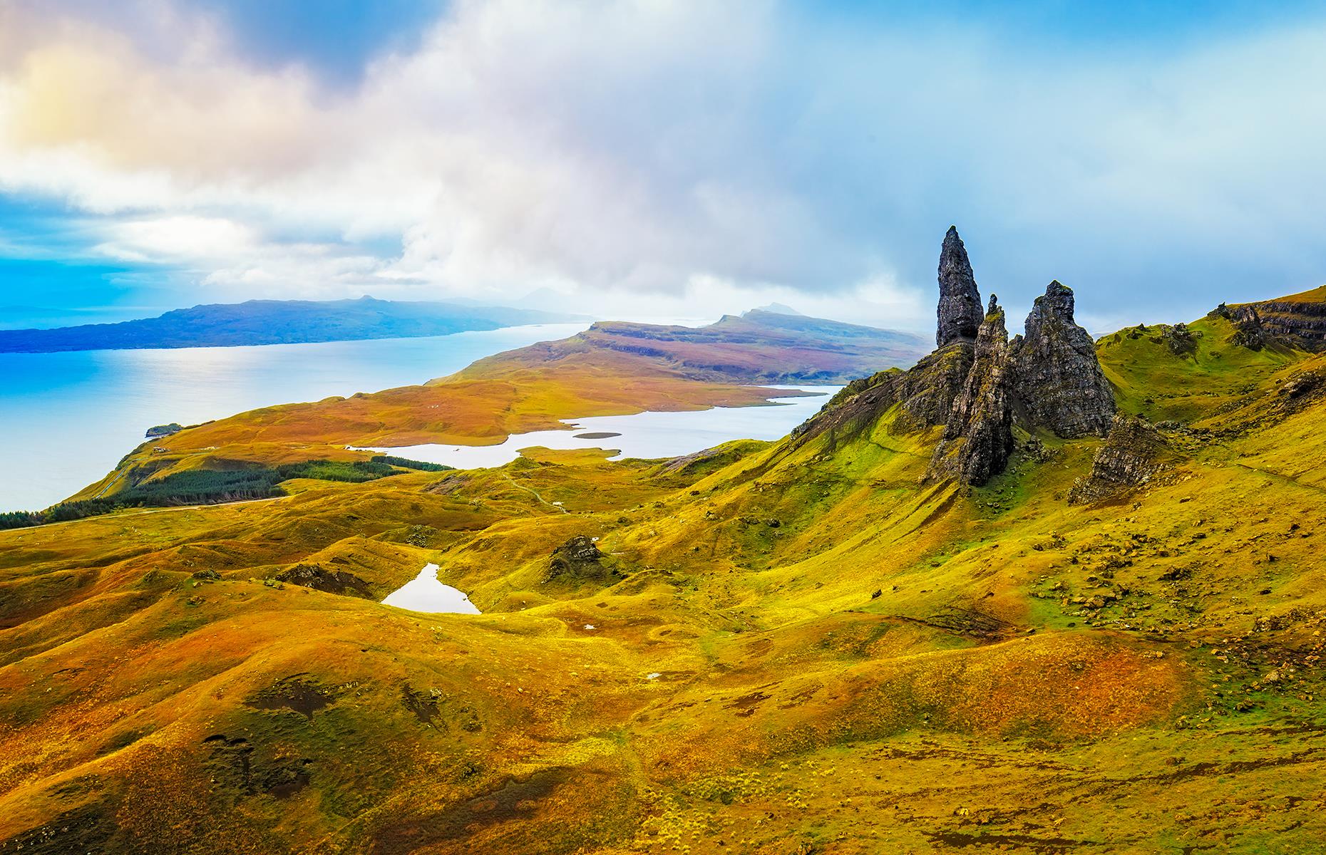 Perched around 2,300 feet (700m) up on Trotternish Ridge, the Old Man of Storr is one of Scotland's most recognizable natural landmarks. Characterized by its towering rocky pinnacles, this theatrical monument is shrouded by folklore tales. Legend has it the Old Man was a giant, who upon being buried in the earth, left his thumb exposed.