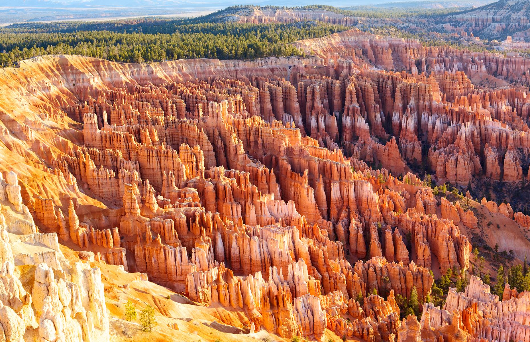 Slide 29 of 41: The tall rock spires, also known as hoodoos, are the most distinctive characteristic of this canyon in Utah. Creating a surreal landscape, the hoodoos shine in shades of yellow, orange and red. The best way to take in the incredible landscape is to follow hiking trails that lead through the strange rock formations, the forest and around the series of natural amphitheaters. The site is open but services are limited. Take a look at more of the world's stunning canyons here.