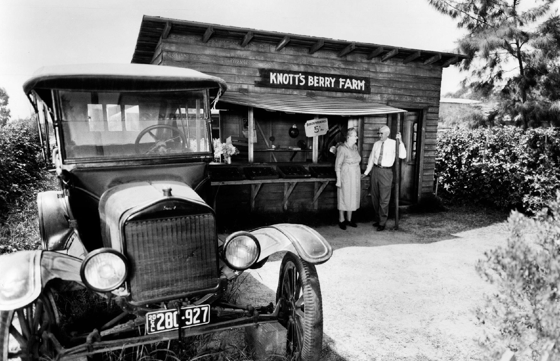 Slide 7 of 35: As its name suggests, this wholesome family theme park in the Golden State started out as a berry farm. The land, now peppered with rides and attractions, was bought by farmer Walter Knott and his wife Cordelia (pictured) in the late 1920s – they originally made their living by selling berries from a simple roadside stand. By the 1930s they'd struck on something special: the boysenberry, a cross between a trio of other berries that piqued punters' interest.