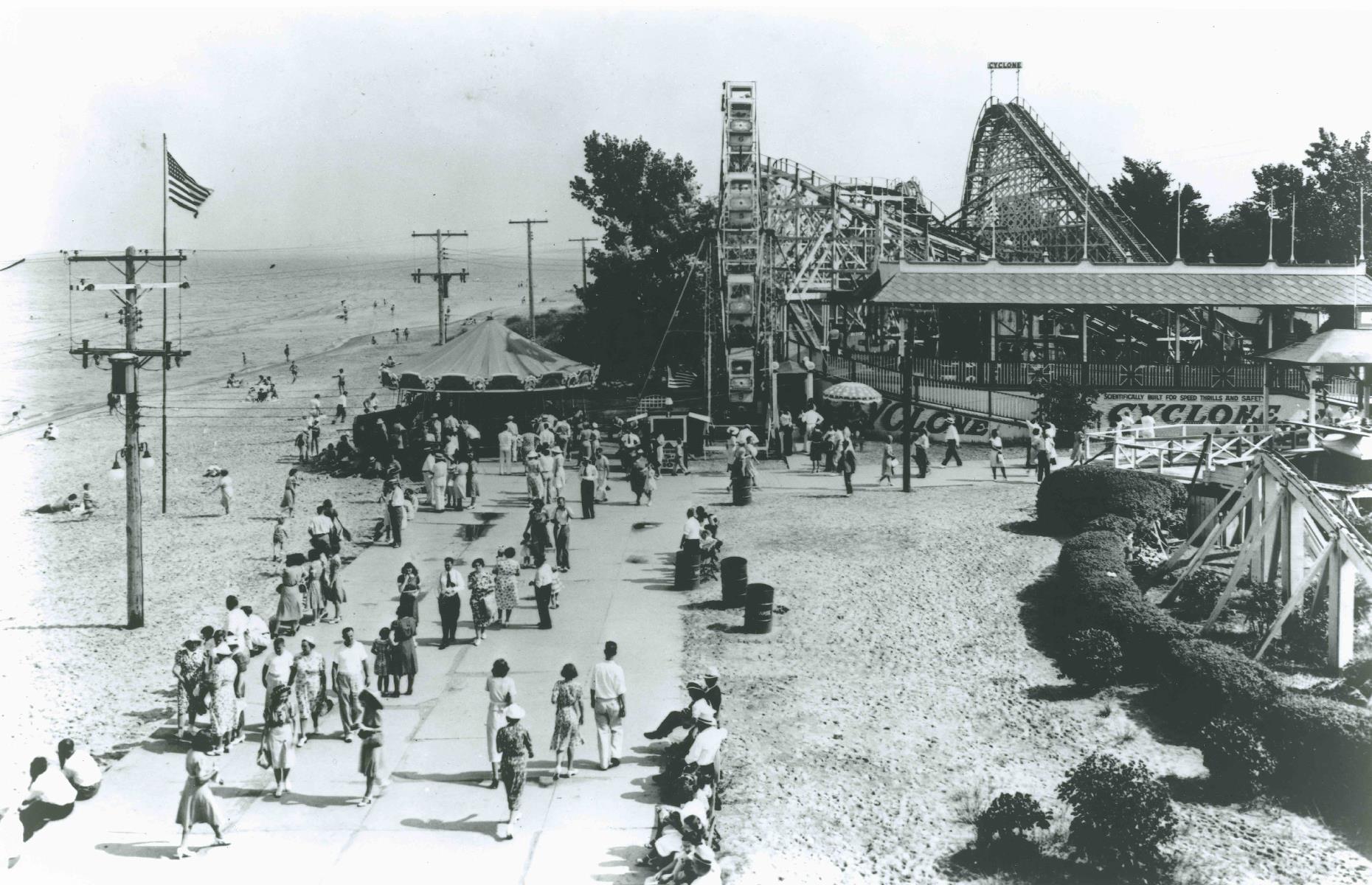 Slide 12 of 35: Proud of its status as the second-oldest amusement park in North America (after Connecticut's Lake Compounce), Cedar Point – today the self-professed "Roller coaster Capital of the World" – dates back to 1870. In the early days the main attractions were the beach, bathhouse and sunny beer garden, but the park grew into something much bigger. The first roller coaster sprang up in 1892, and this photo shows the mighty Cyclone, a wooden coaster that debuted in the 1920s.