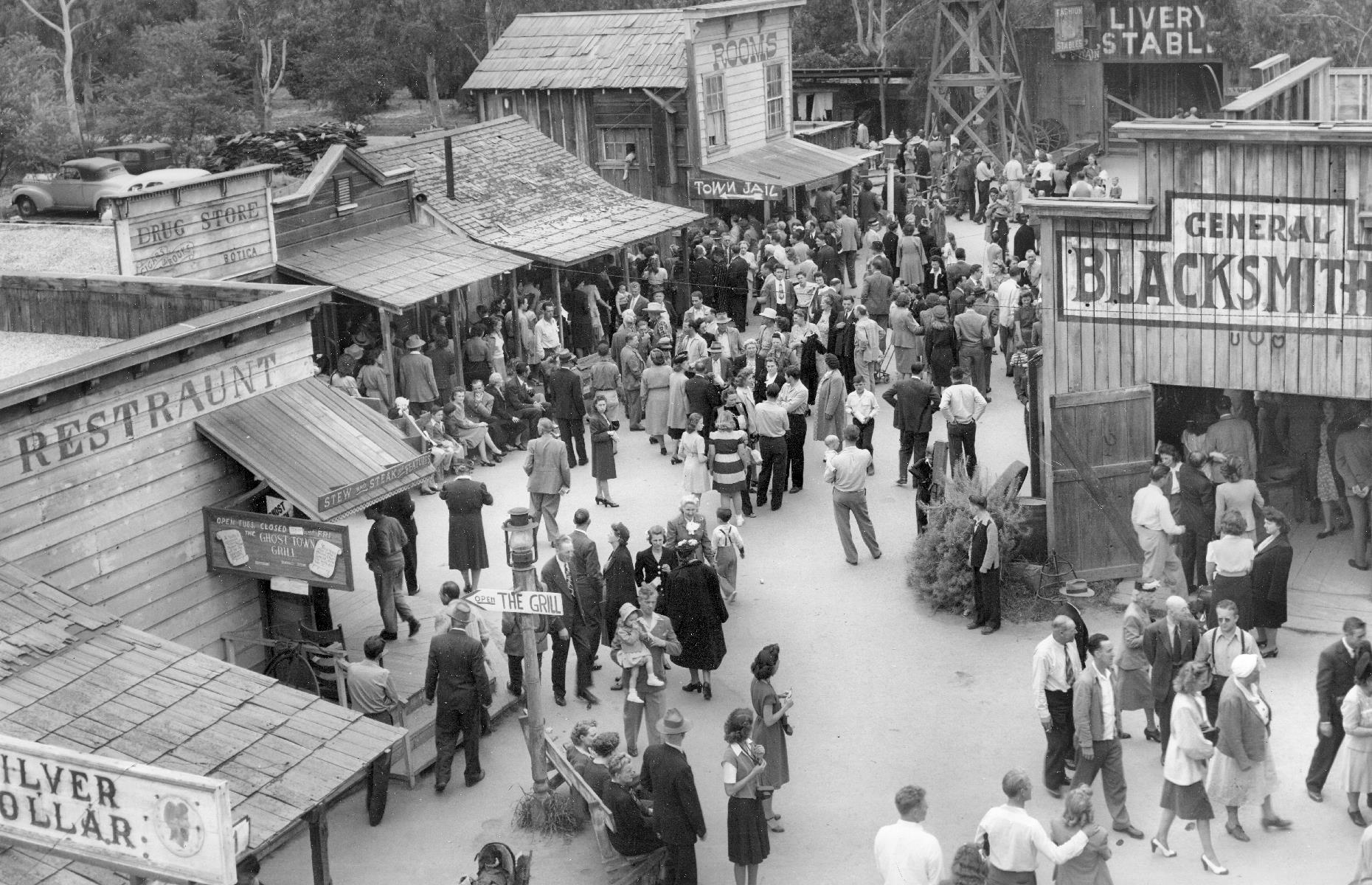 Slide 9 of 35: Inundated with visitors hoping for a taste of Cordelia's chicken dinner, the Knotts decided they needed an extra way to entertain their many guests. In the 1940s, the Ghost Town, a themed land still beloved by park visitors today, was born – it included attractions such as a blacksmith's shop, a town jail and livery stables, and succeeded in pulling in further crowds.
