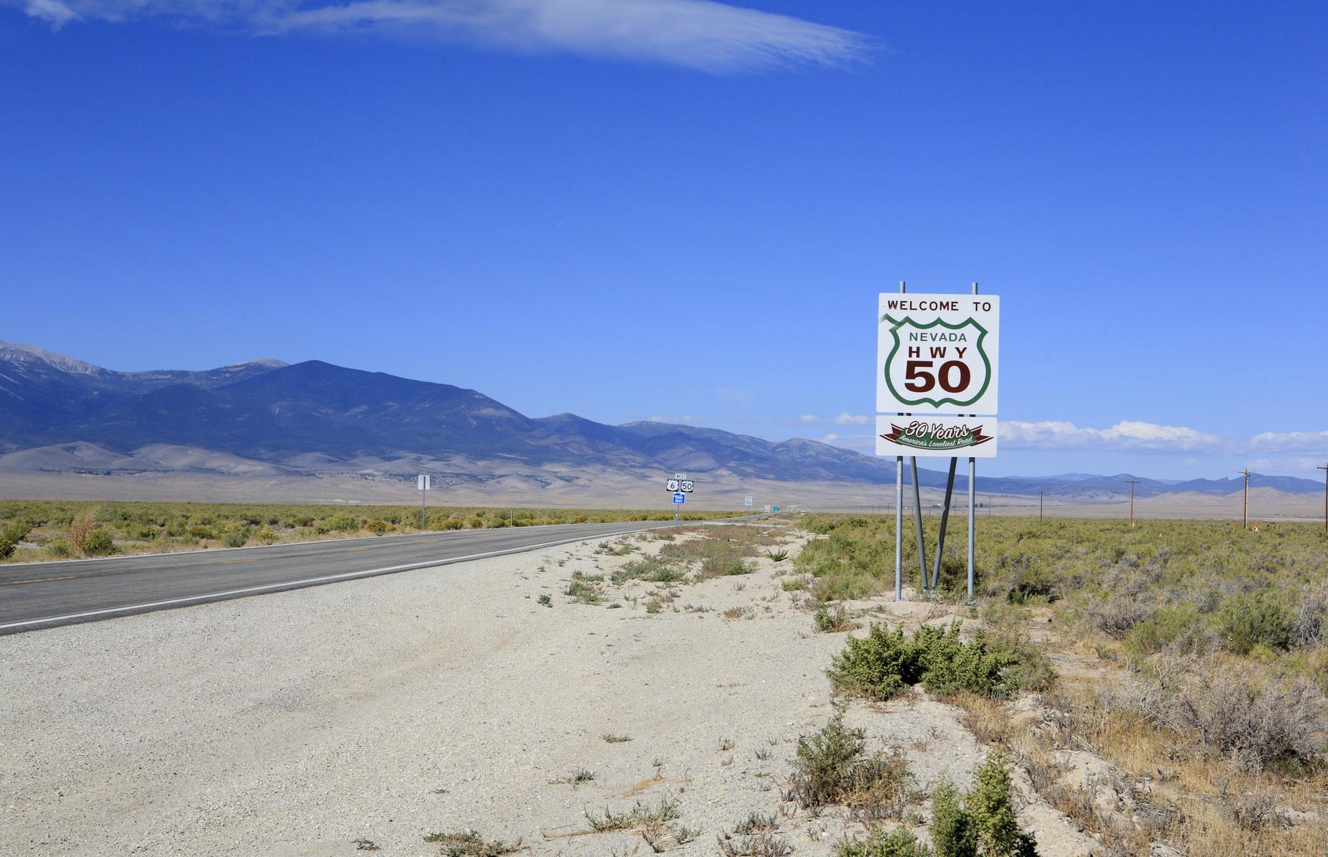 <p>The US Route 50 spans the entire country, crossing from Sacramento, California in the west to Ocean City, Maryland in the east. The Nevada portion of the highway was dubbed “The Loneliest Road in America” by <em>Life</em> magazine in 1986, which had the perverse effect of making it pretty popular, actually. You’re still likely to enjoy some stretches of the undulating desert highway to yourself, with only mountain-pierced skies and the open road for company.</p>