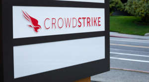 a close up of a sign: A sign with the Crowdstrike (CRWD) company logo