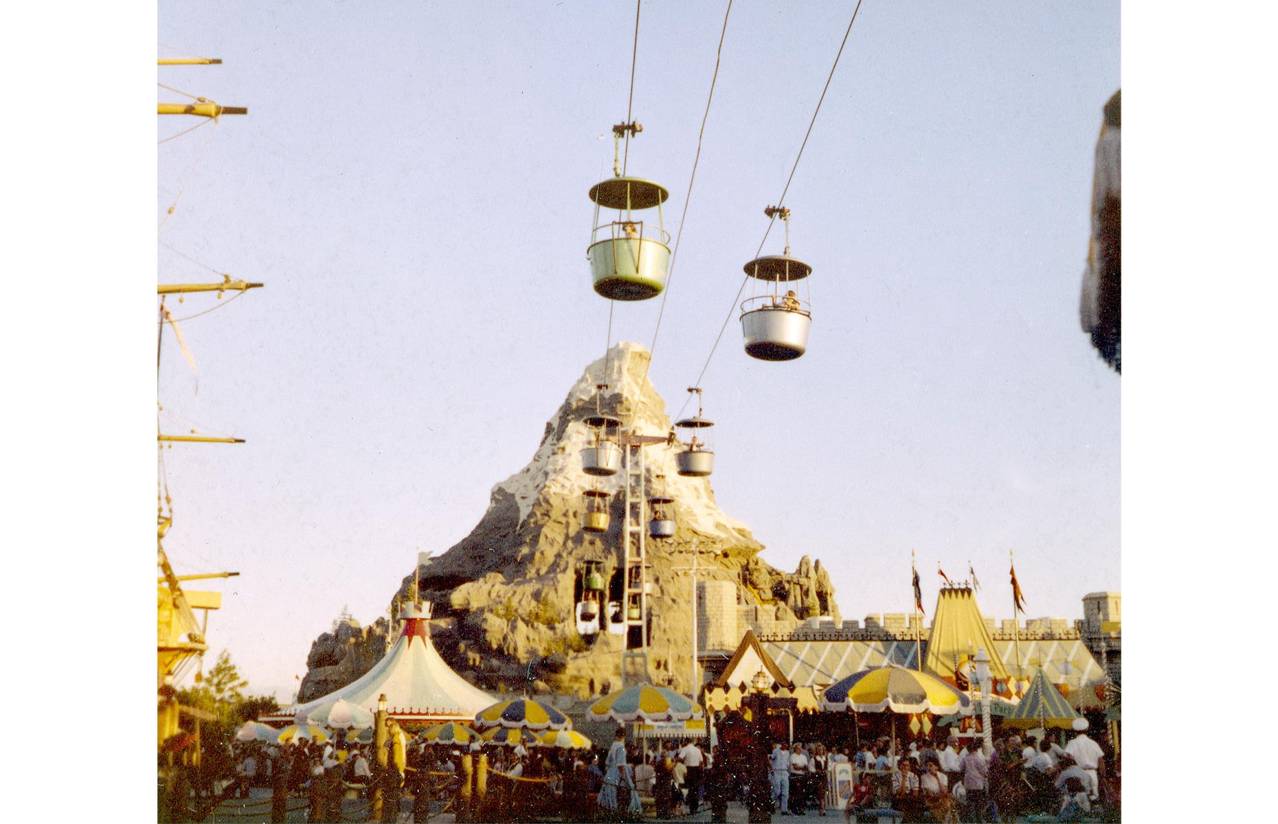 Eventually closed in 1996, another early Disneyland attraction was the Skyway, a kind of gondola-lift ride that whisked guests between Tomorrowland and Fantasyland. From these lofty heights, visitors had incredible views of the lands down below and of Matterhorn, a model of the imposing Alpine mountain at the Swiss-Italian border.