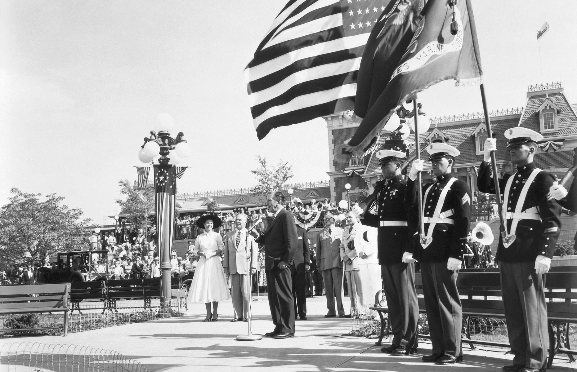 Soon, Walt Disney's dream was manifest. Disneyland (now Disneyland Park) in Anaheim, Orange County threw open its gates to select guests on Sunday 17 July 1955, and scores of Americans gathered around their TV sets to watch Disney give his dedication speech (pictured). The words Disney spoke that day have remained famous: "To all who come to this happy place – welcome. Disney is your land."