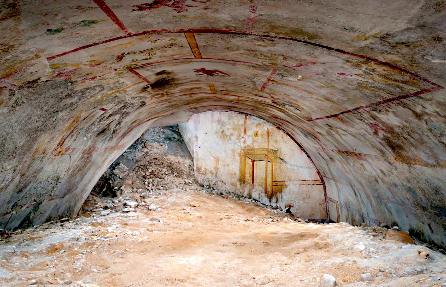 Slide 12 of 50: Thankfully, though, the palace complex was preserved underground, and it's still revealing fresh secrets. The latest discovery is an entire room, happened on by chance during restoration work. Thought to have been constructed between AD 65 and 68, the Sphinx Room, as it has been named, is a small chamber adorned with murals, from garlands and fruit to centaurs and a lone sphinx. Though there's more of the space to be discovered, experts are reluctant to excavate further for fear of making the structure unstable.