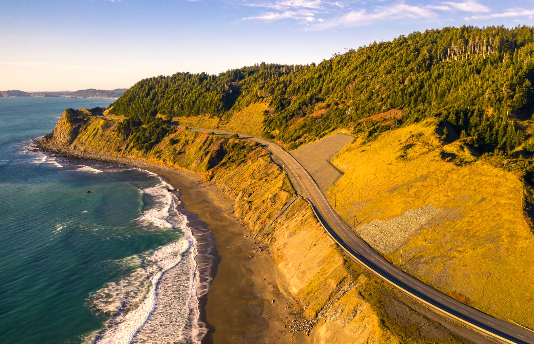 Slide 8 of 45: When it comes to the Pacific coastline, California usually gets all the attention but the section of Highway 101 in Oregon is equally as beautiful in parts. It boasts the same rocky headlands, golden-sand beaches and incredible ocean panoramas, with preserves such as Ecola State Park and Cape Blanco State Park along the way. This particular stretch of the highway is close to Oregon's Port Orford. 