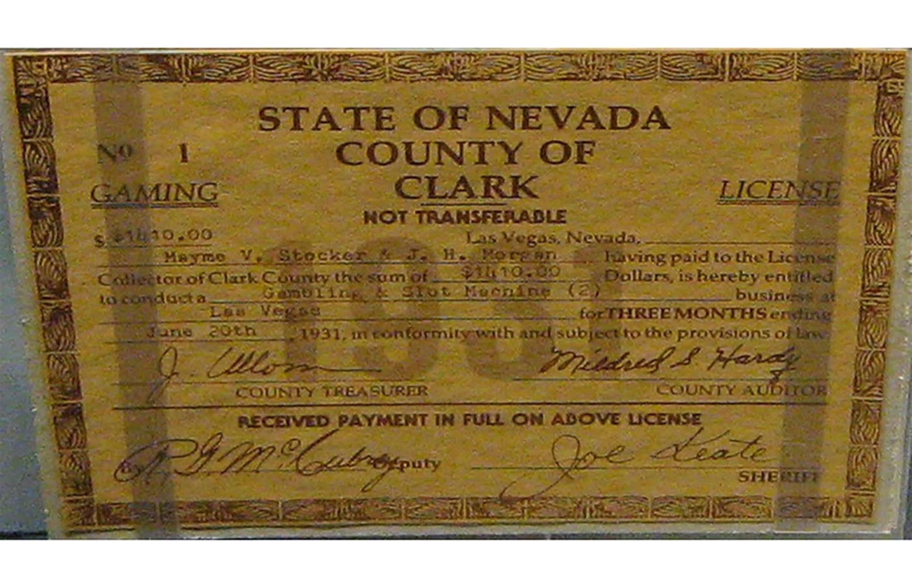 Slide 8 of 34: A so-called quickie divorce was attractive to many a film star at the time (meaning divorce could be attained after just six weeks of residency), so these short-term visitors often stayed at dude ranches – working ranches also hosting guests. As soon as gambling was legalized again, it became the favorite pastime of people waiting for their divorces to be finalized, people on vacation and Hoover Dam construction workers on their days off. The first Las Vegas gambling license was issued to Mayme Stocker at the Northern Club.