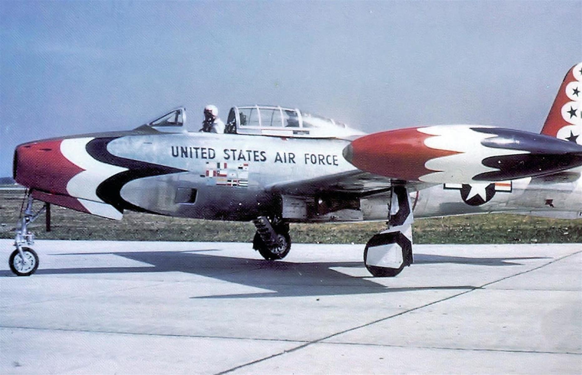 Slide 11 of 34: After successful lobbying from a Nevada senator, two major projects were approved in Las Vegas with the advent of the Second World War: a magnesium-processing plant and the Las Vegas Army Airfield. Today known as Nellis Air Force Base, it later grew to a vast Air Force testing site and is now home to the United States Air Force Thunderbirds aerobatic team (Thunderjet is pictured here in 1954). These, and several other defense-related projects, brought in thousands more residents and visitors.