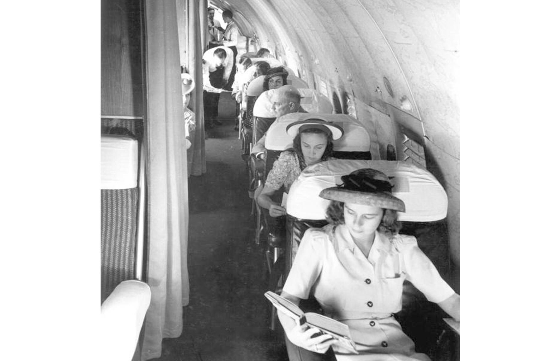 Pan Am began operating its fleet of Boeing 307 aircraft in the 1940s. The Boeing 307 was another model that propelled commercial aviation forwards, since it was the first to boast a pressurized cabin. This meant passengers (as pictured onboard here c.1945) could enjoy a comfortable ride at around 20,000 feet (6,000m). The model was also flown by TWA.