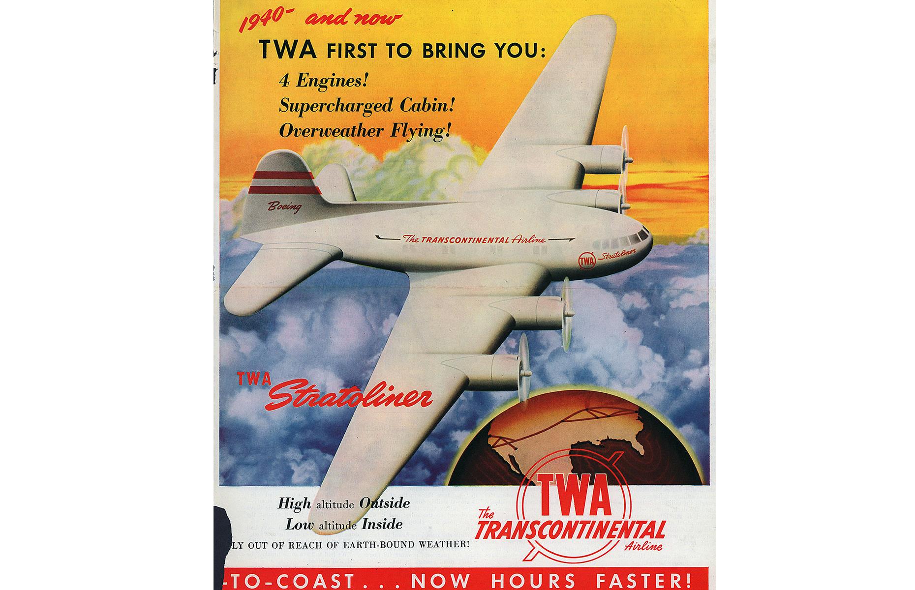 As competition increased towards the end of this decade, the major airlines ramped up their advertising. This TWA poster advertises the Boeing 307 Stratoliner, and promises a smooth ride as the aircraft glides above the clouds. The 1940s was ultimately the decade that preceded the so-called "golden age of travel".