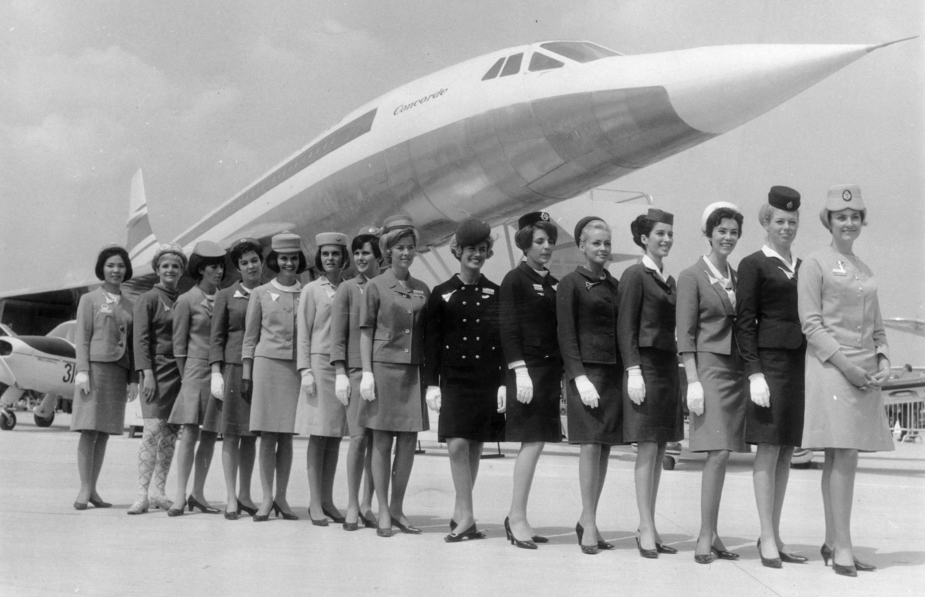 In the 1960s, development on what would become one of the most iconic aircraft in commercial aviation began. The project had been floated since the 1950s, and the aim was to create a supersonic airliner that would revolutionize commercial aviation. Concorde made its maiden test flight in 1969 and here flight attendants from various airlines stand before a full-scale model of the aircraft.