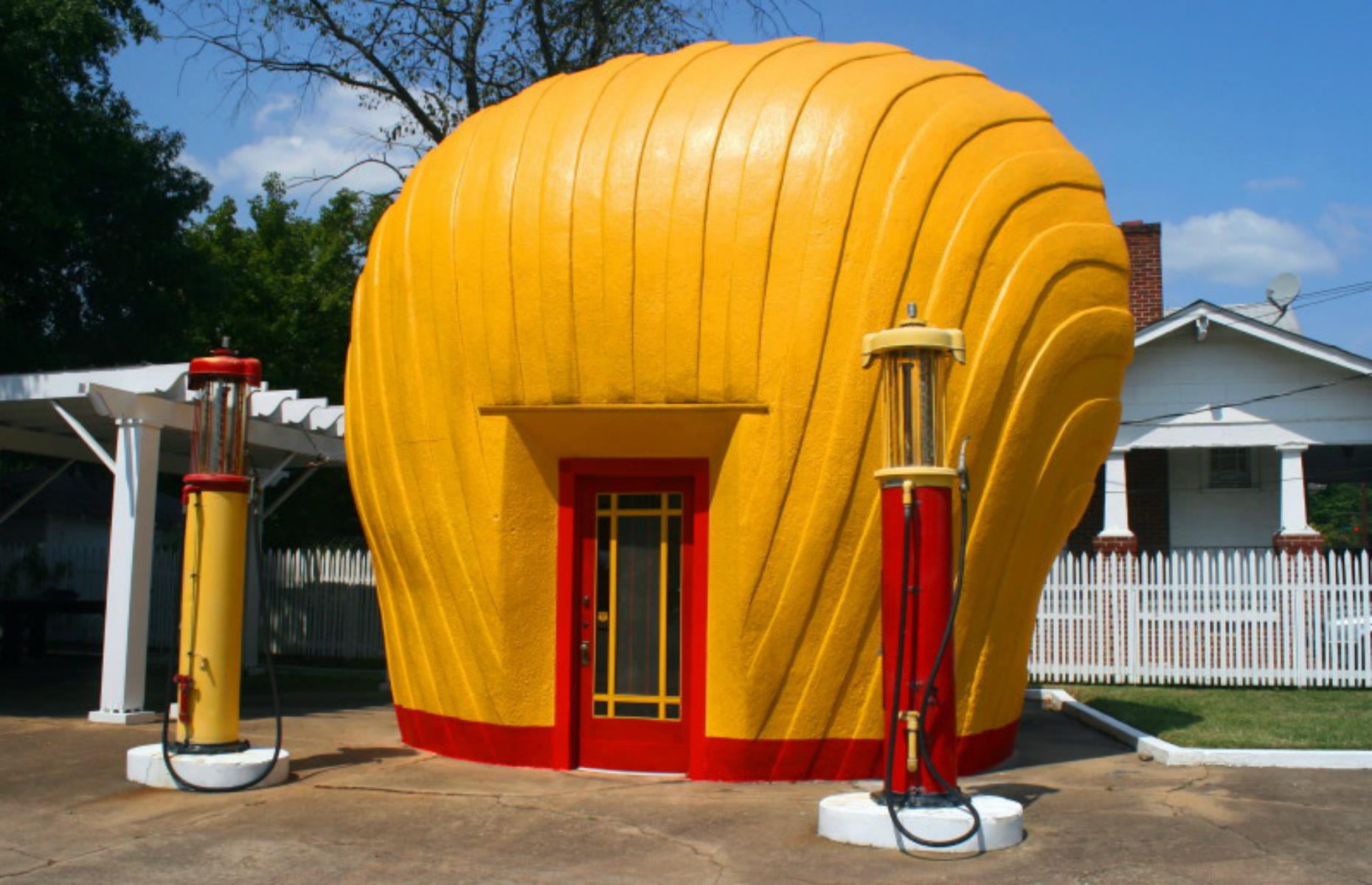 <p>There were once eight of these striking gas stations in North Carolina, designed to bring the Shell logo vividly to life. Now just one of the bold 1930s structures remains, in the city of Winston-Salem. The pumps no longer dispense petrol and the building has been closed since the 1950s, but it’s become a beloved curiosity in the town and has been listed on National Register of Historic Places since 1976.</p>