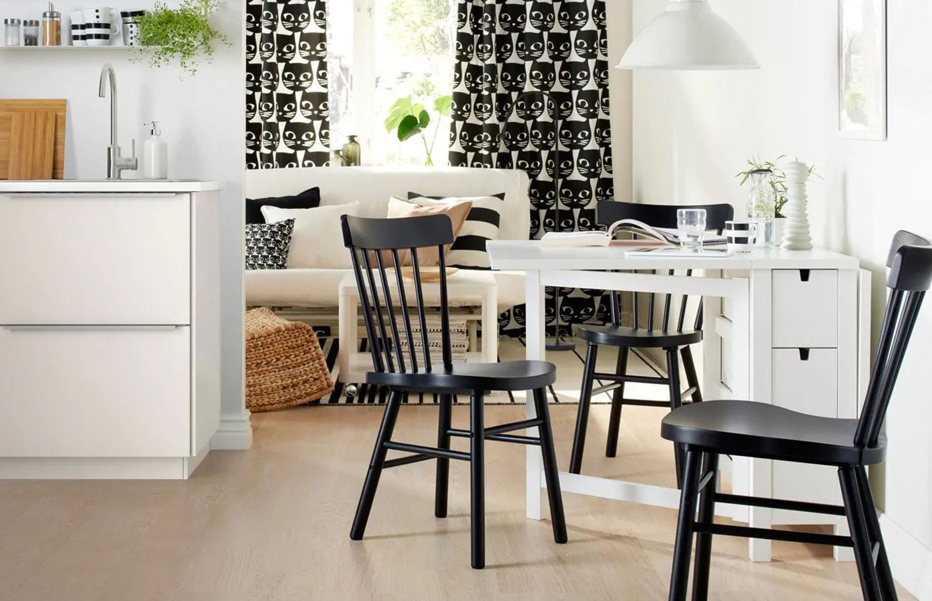 <p>For open-plan rooms where space is at a premium, consider investing in clever furnishings that have been specially made for snug schemes. This angular IKEA table frees up the thoroughfare with its unique triangular design, which can also extend to double the length to accommodate guests when needed.</p>  <p>Loved this? Find more smart design ideas <strong><a href="https://bit.ly/2EOOjuy">on our Facebook page</a></strong></p>