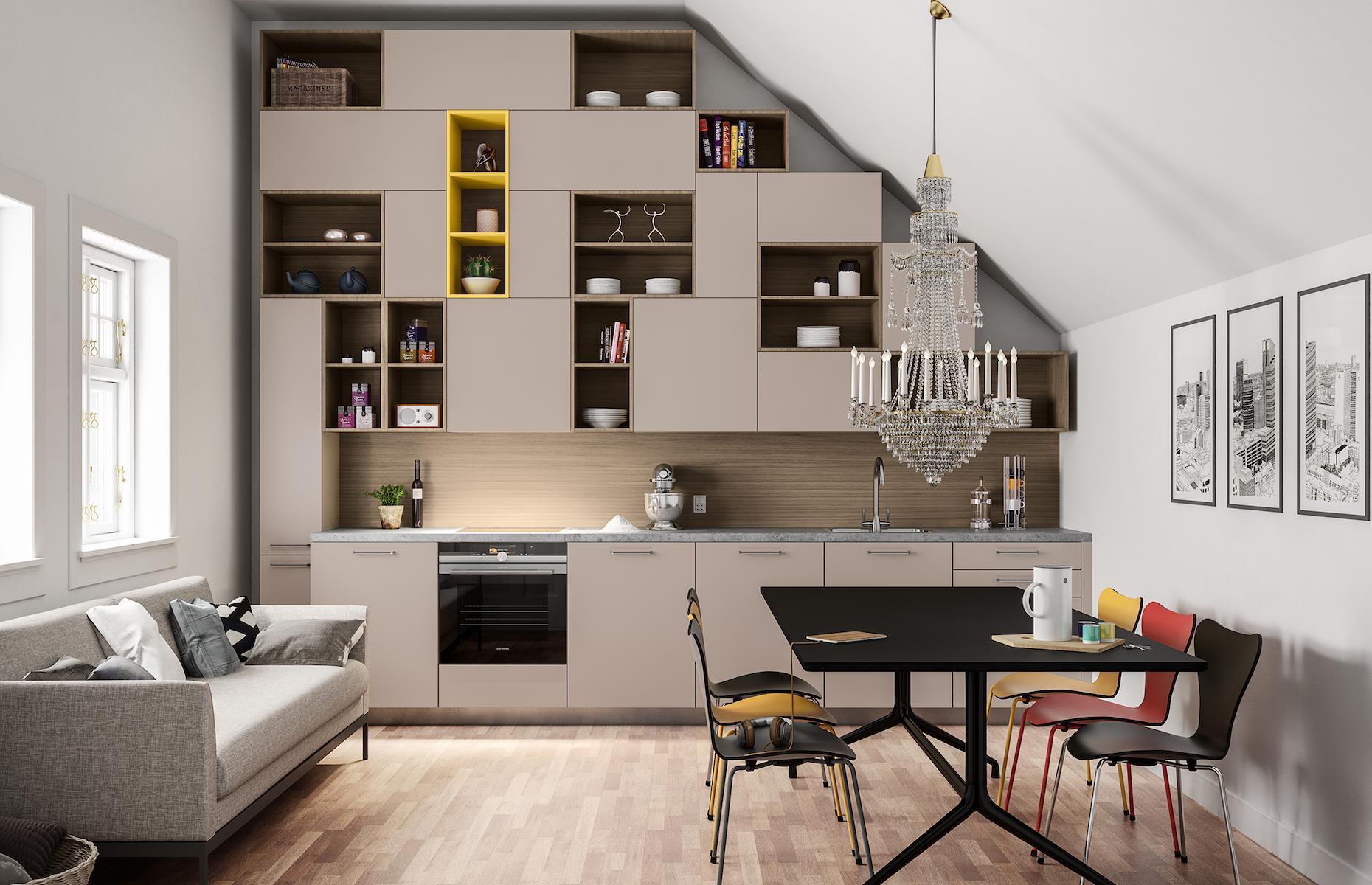 <p>Keeping an open-plan space tidy can be a challenge – especially if you have a family. The easiest way to stay organized is to have a place for everything. This means investing in a mix of <a href="https://www.loveproperty.com/gallerylist/82160/secret-storage-spaces-hiding-in-your-home">hidden storage</a> and display areas for those more attractive items. Here, the kitchen cabinetry, broken up by open-shelving, has been taken right up to the ceiling so there's no redundant space.</p>