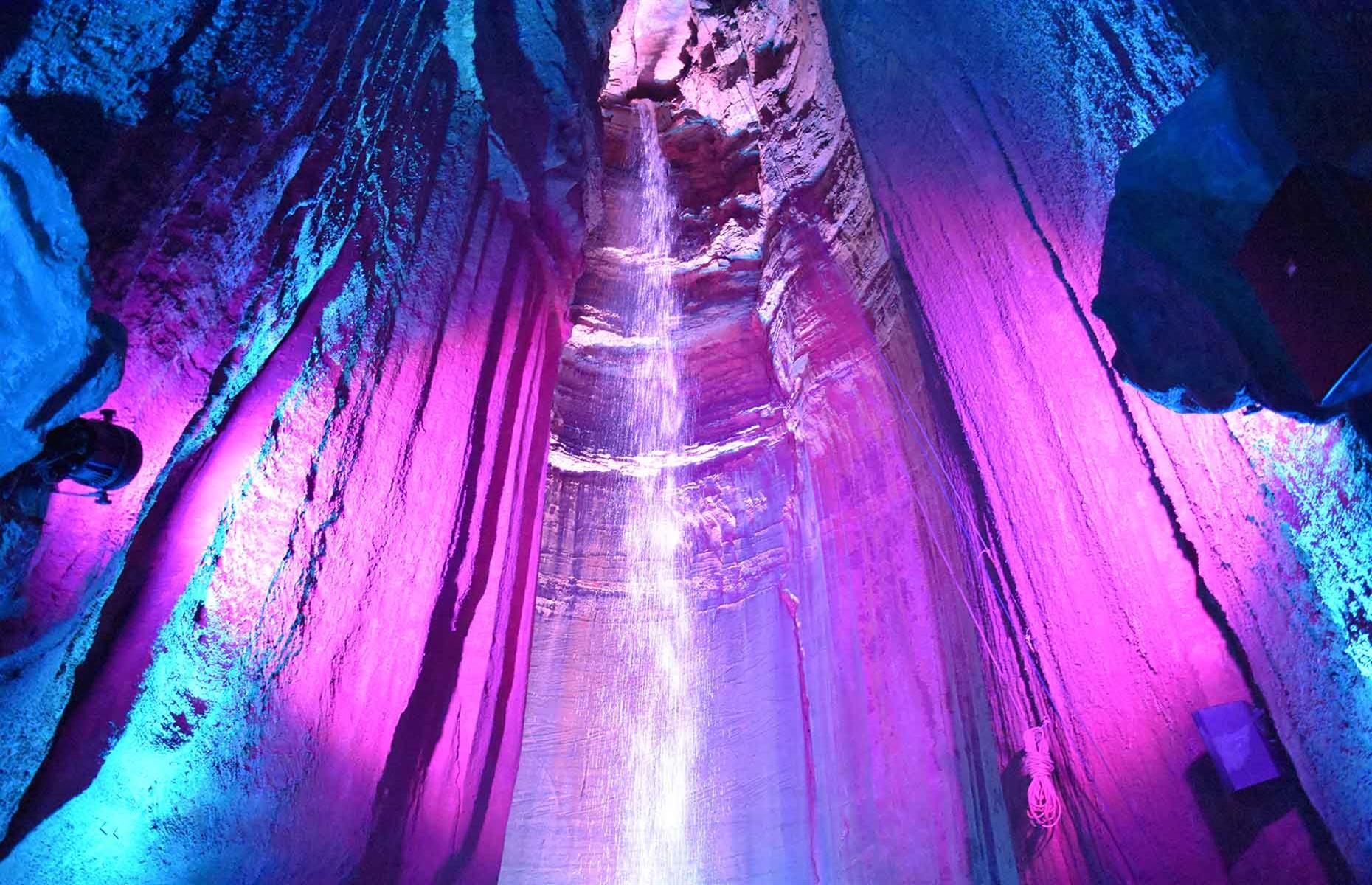 <p>Ruby Falls is hidden 1,120 feet (341m) inside Tennessee’s Lookout Mountain. This cascade of water tumbles 145 feet (44m) into a limestone cave, against the backdrop of music and illuminated by colorful lights. <a href="http://www.rubyfalls.com/things-to-do/cave-tours/">Guided tours</a> take you on the underground walk to the falls and, if bright lights and music aren’t your thing, there are limited spots available on evening tours, where the walk and falls are lit by lanterns.</p>