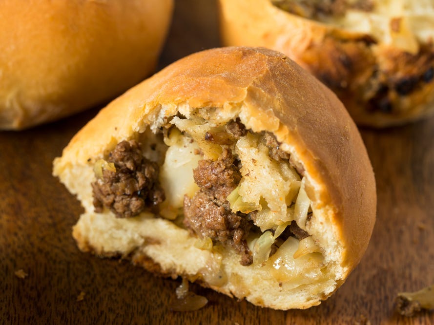 <p>"Runza" or "bierocks" are a bun-shaped bread pocket filled with beef, cabbage or sauerkraut, onions, and seasonings. The recipe was spread by German immigrants to the Midwest.</p>
