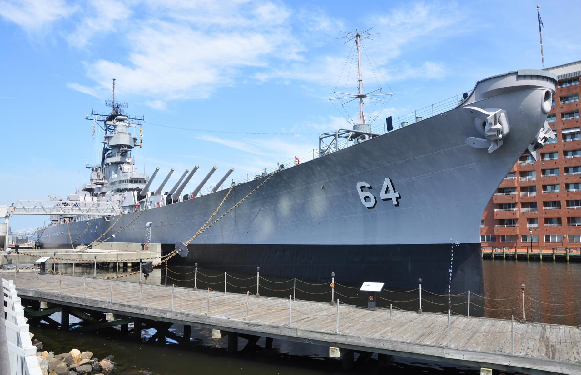 <p>One of the largest and last battleships ever built by the US Navy in 1941, the USS Wisconsin is vast. The ship was awarded five battle stars for her service in the Second World War, and a Combat Action Ribbon for the Korean War. She can now be visited in Norfolk, a waterfront city in southeastern Virginia, which is home to the world’s biggest naval base.</p>