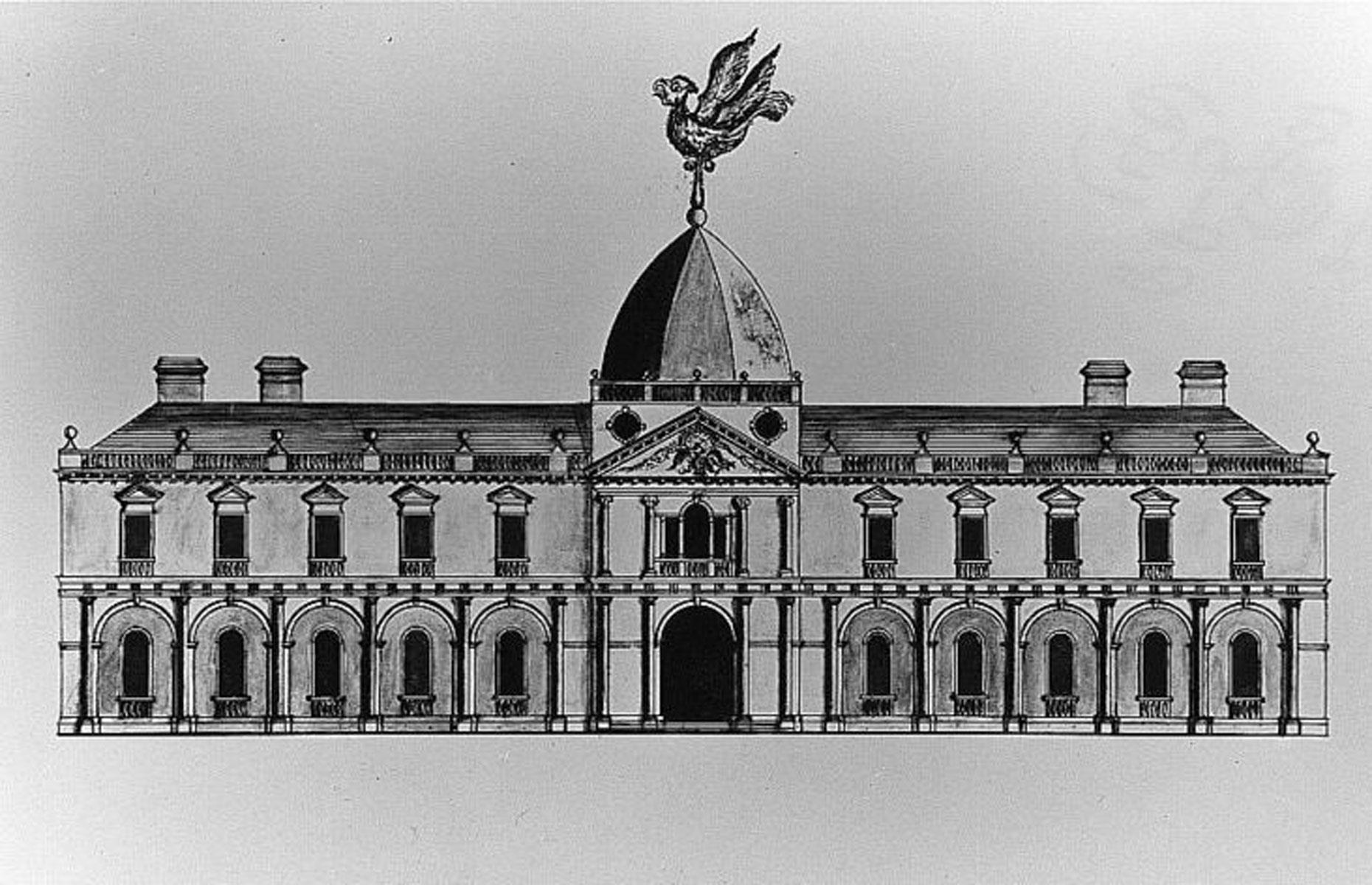 The dome was actually a later addition to the winning entry designed by architect William Thornton. Fortunately, Jefferson passed on this entry by amateur James Diamond, which features an eagle weathervane that looks like a giant chicken.