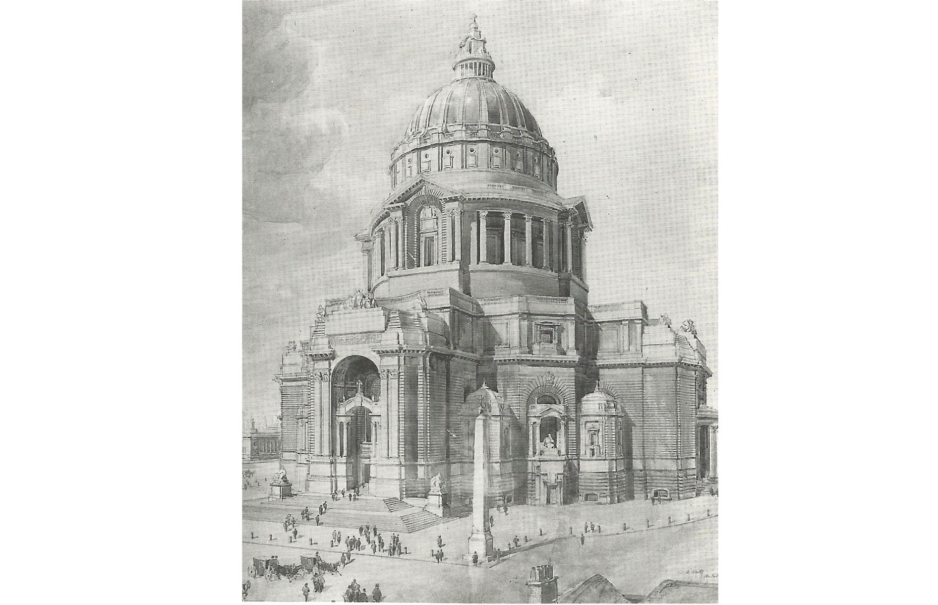 Scott won the open competition to design the cathedral in 1903. A number of outstanding entries were proposed, including this Neoclassical design by Charles Herbert Reilly, which nods to St Paul's Cathedral in London.