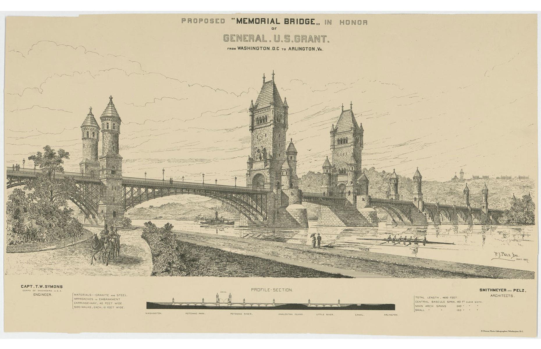 This more distinctive Neo-Gothic design was proposed by architect Paul J. Pelz in 1887 as a homage to General Ulysses S. Grant. Congress wasn't too keen on facilitating a memorial to Grant and blocked funding of the original design, eventually giving the all-clear for the Neoclassical bridge years later.