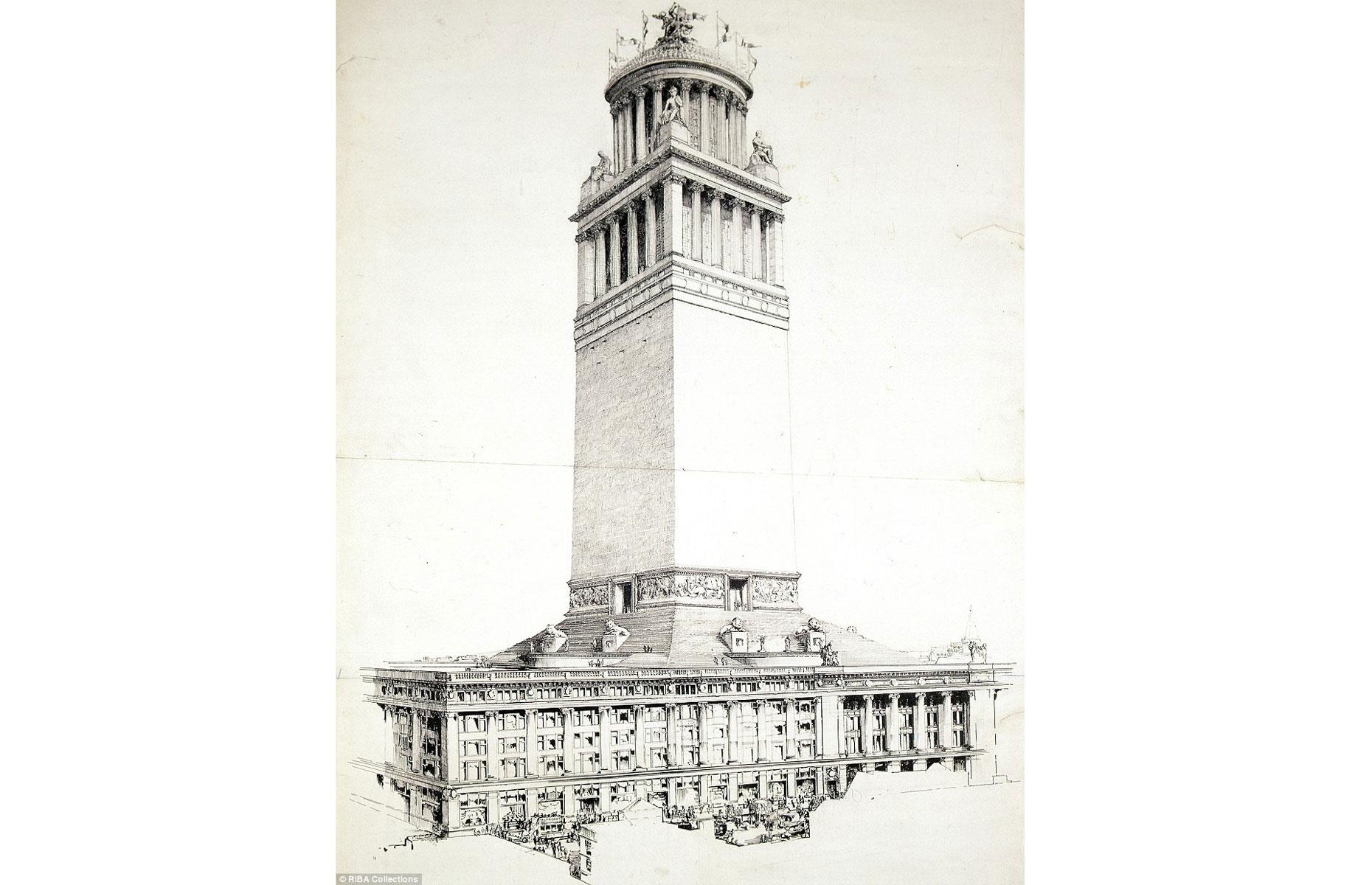 An imposing, comically implausible 450-foot tower was proposed for the department store in 1918 by architect Philip Armstrong Tilden, and Harry Gordon Selfridge reportedly lobbied the local council for years to grant him planning permission for the tower, before he eventually lost interest.