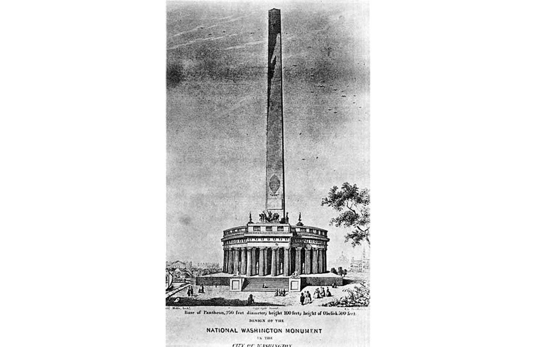 Mills envisaged a Neoclassical columned temple at the base of the obelisk, topped by an ostentatious statue of George Washington in a chariot. The society in charge of erecting the monument balked at the price tag and in the end chose to build just the obelisk.