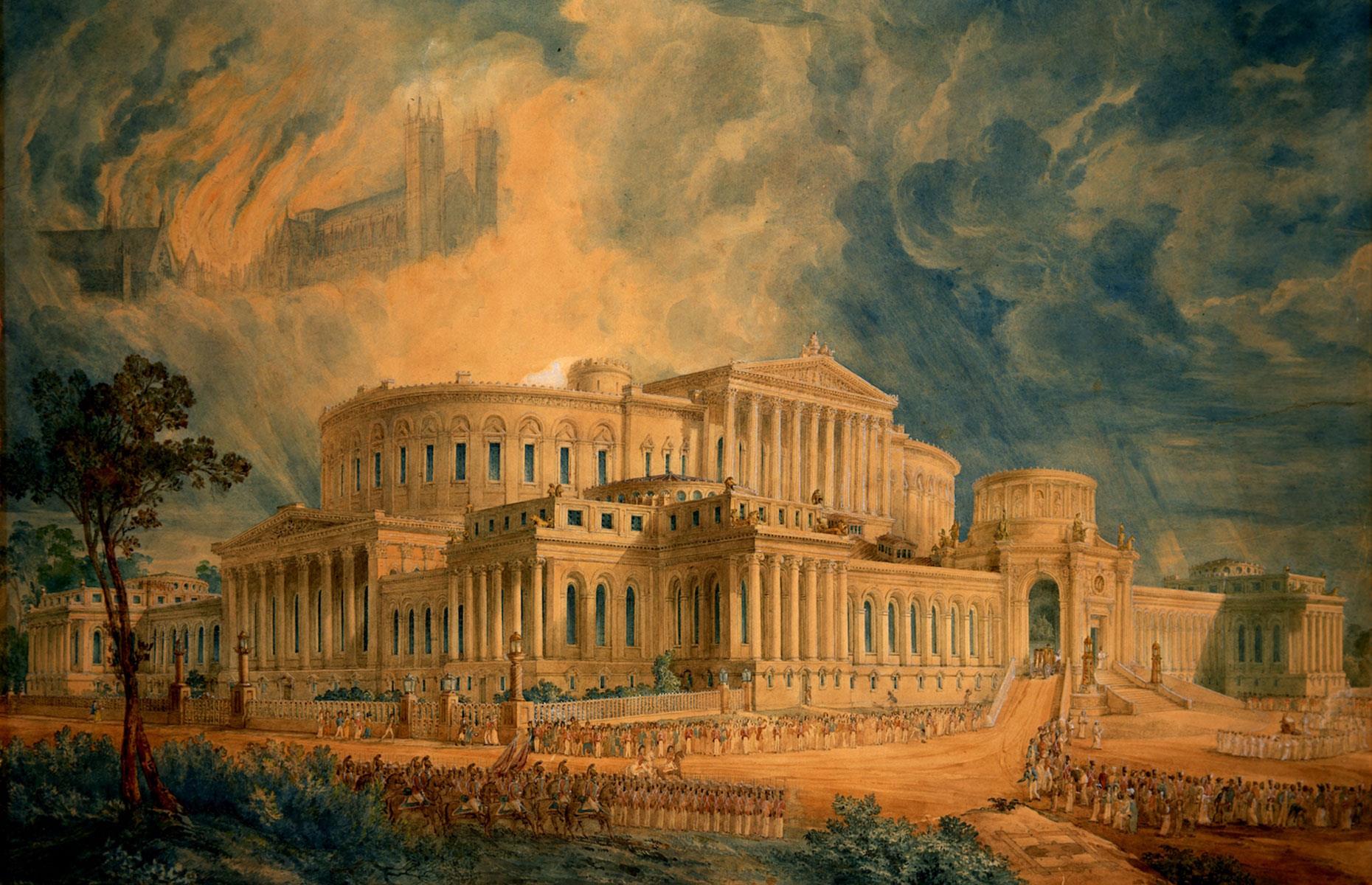 A total of 97 entries were received in the competition to design the replacement parliament building, including this spectacular Neoclassical palace by visionary architect Joseph Gandy, which would have been located in London's St James's Park.