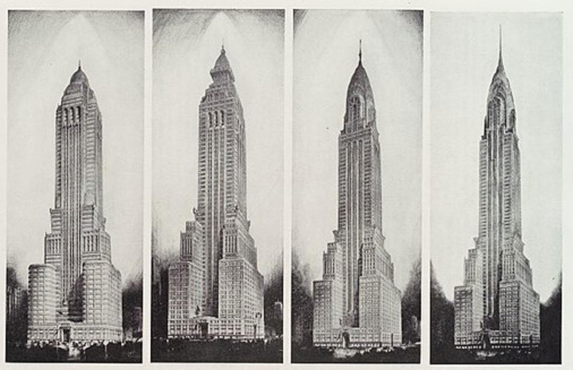 This fascinating series of images shows how the design of the skyscraper was developed and refined by Van Alen. The New York-based architect came up with several designs for the crown of the skyscraper before settling for the terraced design we know today.