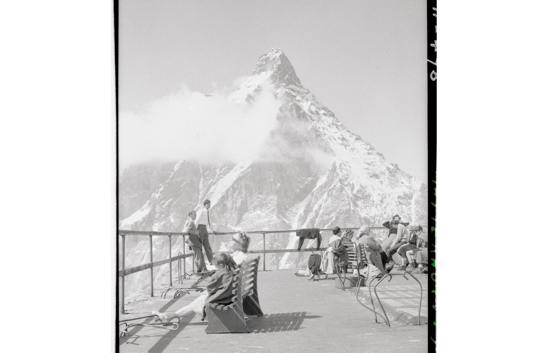 <p>This horn-shaped mountain in the Swiss Alps, six miles (10km) southwest of Zermatt, gained global recognition when its summit was first conquered by British explorer Edward Whymper on 14 July 1865. Tragically however, four of his party fell to their deaths on the way down. In 1971, Whymper published a book about his experience climbing the mountain, <em>Scrambles Among the Alps</em>, which became a global bestseller and sent tourists flocking to the Matterhorn. Pictured here are holidaymakers on a viewpoint on the Italian side of the mountain in the 1950s.</p>