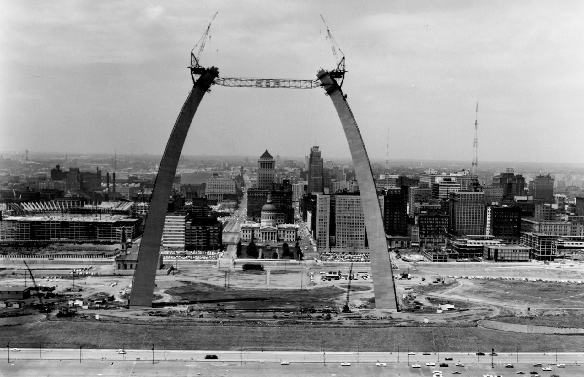 St. Louis’ famous Gateway Arch was built between 1963 and 1965 and was created to symbolise the movement of settlers towards the American west, a concept pioneered by Thomas Jefferson. Pictured here towards the end of its construction in 1965, the arch’s final keystone is thought to contain a time capsule filled with letters written by more than 760,000 local people.