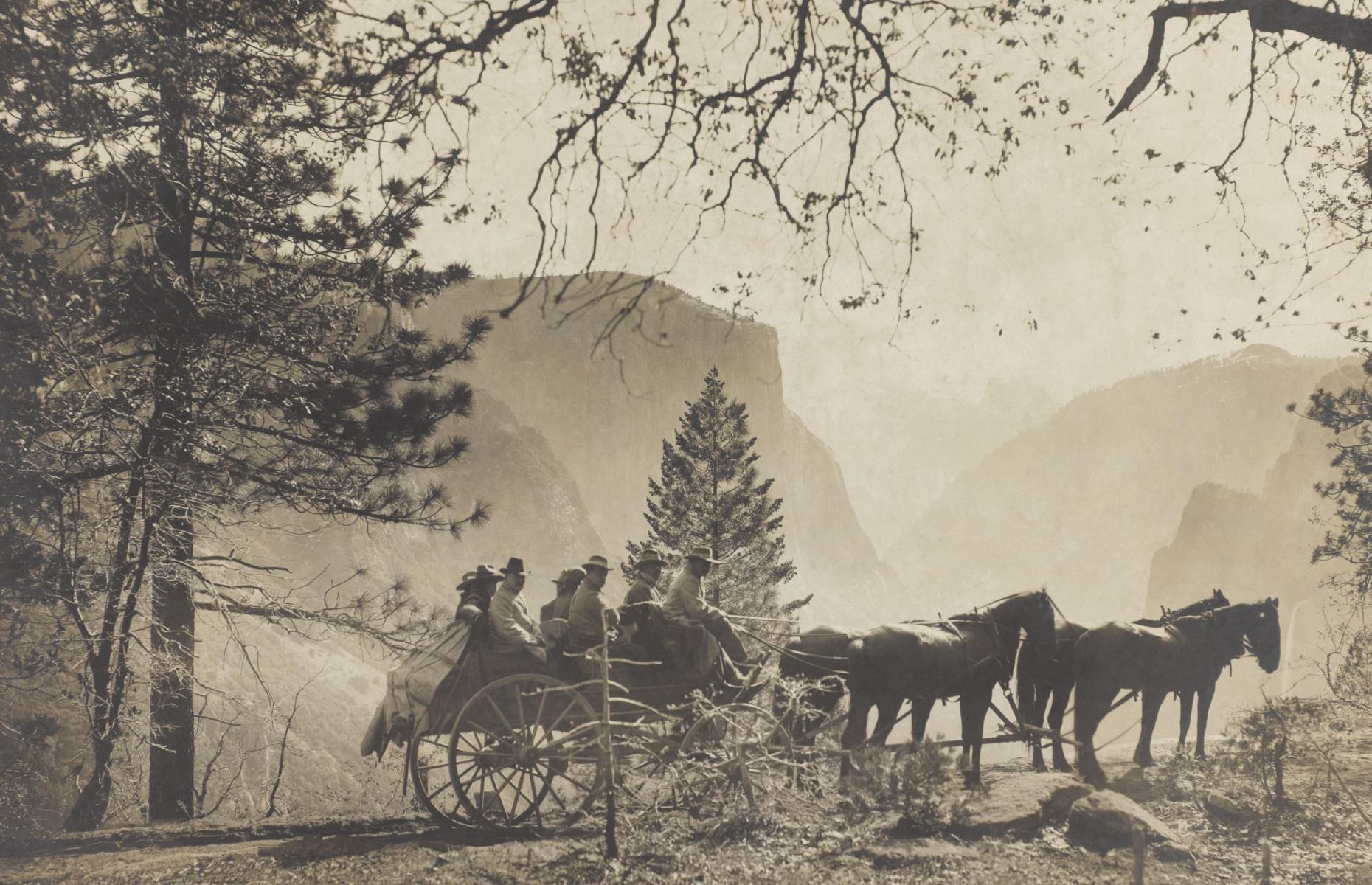 <p>In this photograph, taken in 1903, Theodore Roosevelt visits Inspiration Point in the Yosemite Valley, accompanied by the well-known naturalist John Muir. Parts of the area were established as a State Park in 1864 before a National Park was confirmed in 1890, although it wasn’t until 1906 that the parks were merged to create Yosemite National Park as we know it today. Tourism has risen significantly in the past 75 years: one million people visited the park for the first time in 1954, two million in 1976, and double that amount by the 1990s.</p>