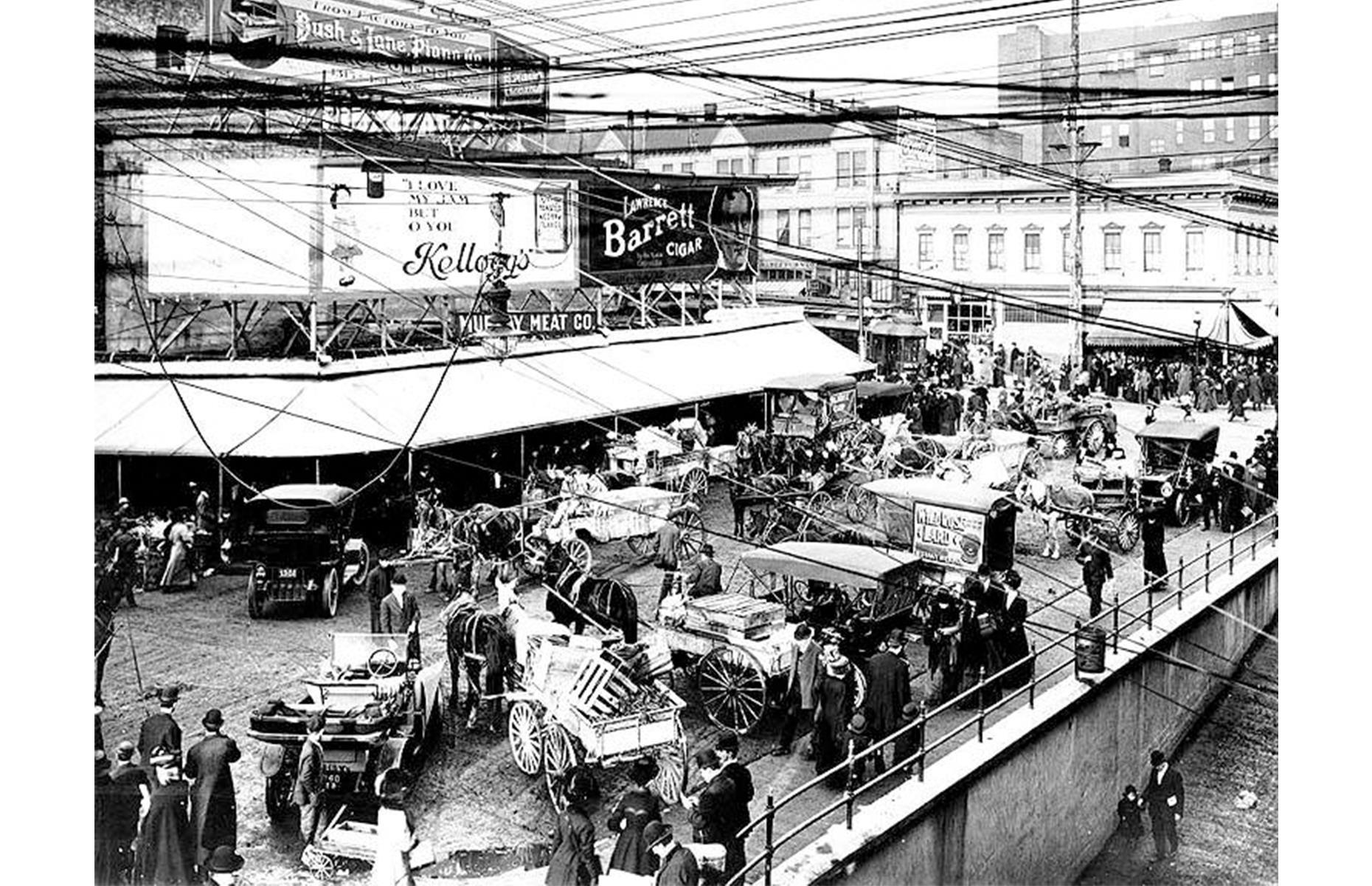 Seattle’s iconic Pike Place Market was created in 1907 to meet the city’s demand for fresh food, by inviting farmers to bring their wagons and sell it directly. Pictured here in 1910, the market is a far cry from the tourist-thronged site of today, where craft stalls, indie boutiques and hip foodie spots sit alongside the traditional fruit and veg stalls.