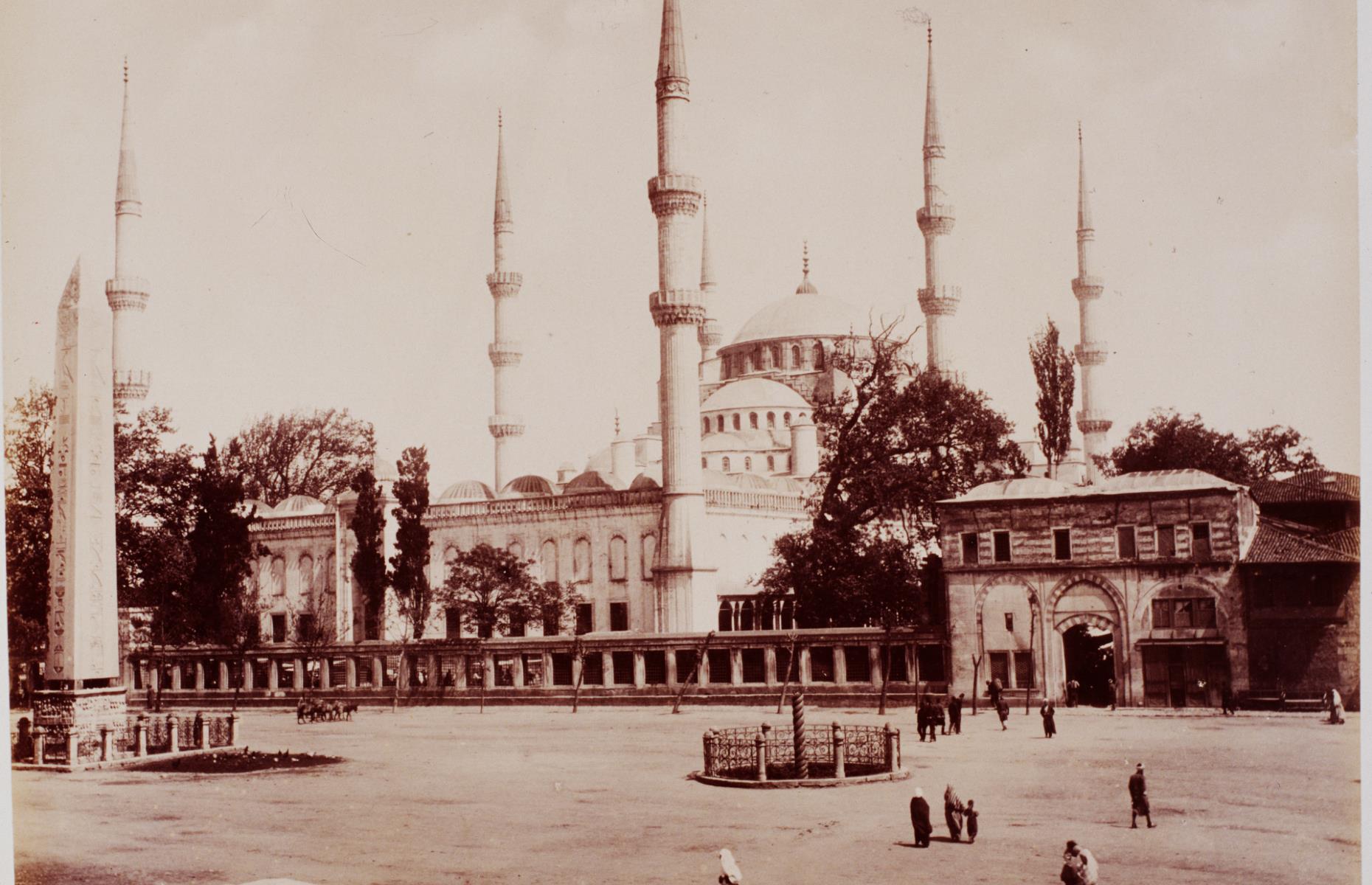<p>The Blue Mosque in Istanbul was built between 1609 and 1616, as a way for Sultan Ahmed I to reassert the Ottoman Empire’s power following the Peace of Zsitvatorok (1606) and losses in wars with Persia. With six minarets, five main domes and eight smaller domes, it’s one of the most impressive surviving mosques from the Classical period. Today it usually attracts around five million people each year, although it hasn’t always been so popular – in this photograph from 1899, the outside of the mosque looks eerily quiet.</p>