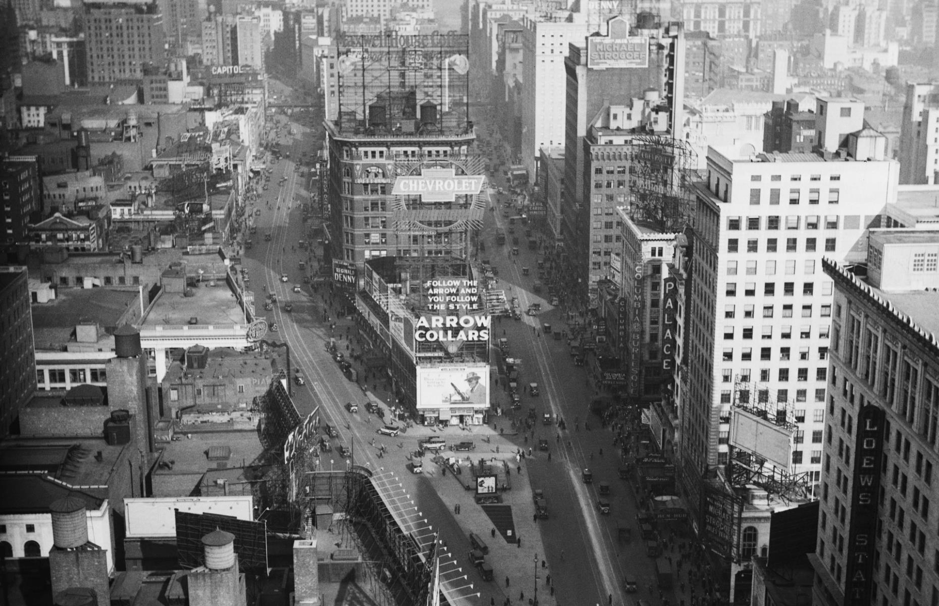 <p>The Times Square of the 1920s (pictured here) is a far cry from the flashing lights and billboards of the Times Square we know today. Originally known as Longacre Square, in the 1880s it comprised a large open space surrounded by apartments, but shortly after that electricity arrived in the area, and streetlights and theatre signs sprung up. It was renamed to Times Square in April 1904, after the <em>New York Times</em>, which was set to relocate its headquarters there in January 1905.</p>