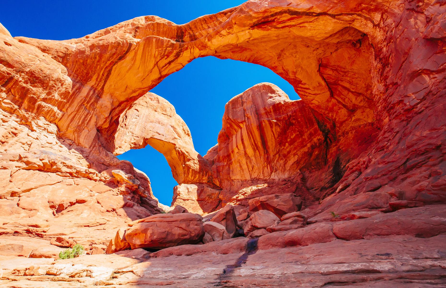 Slide 26 of 49: The orange structures of the Natural Bridges monument are almost carbon copies of those at Arches (pictured). But while the latter typically heaves under the weight of ever surmounting visitor numbers (more than 1.5 million people per year), Natural Bridges' beauty remains more under the radar (it usually attracts around 100,000 people per year). 