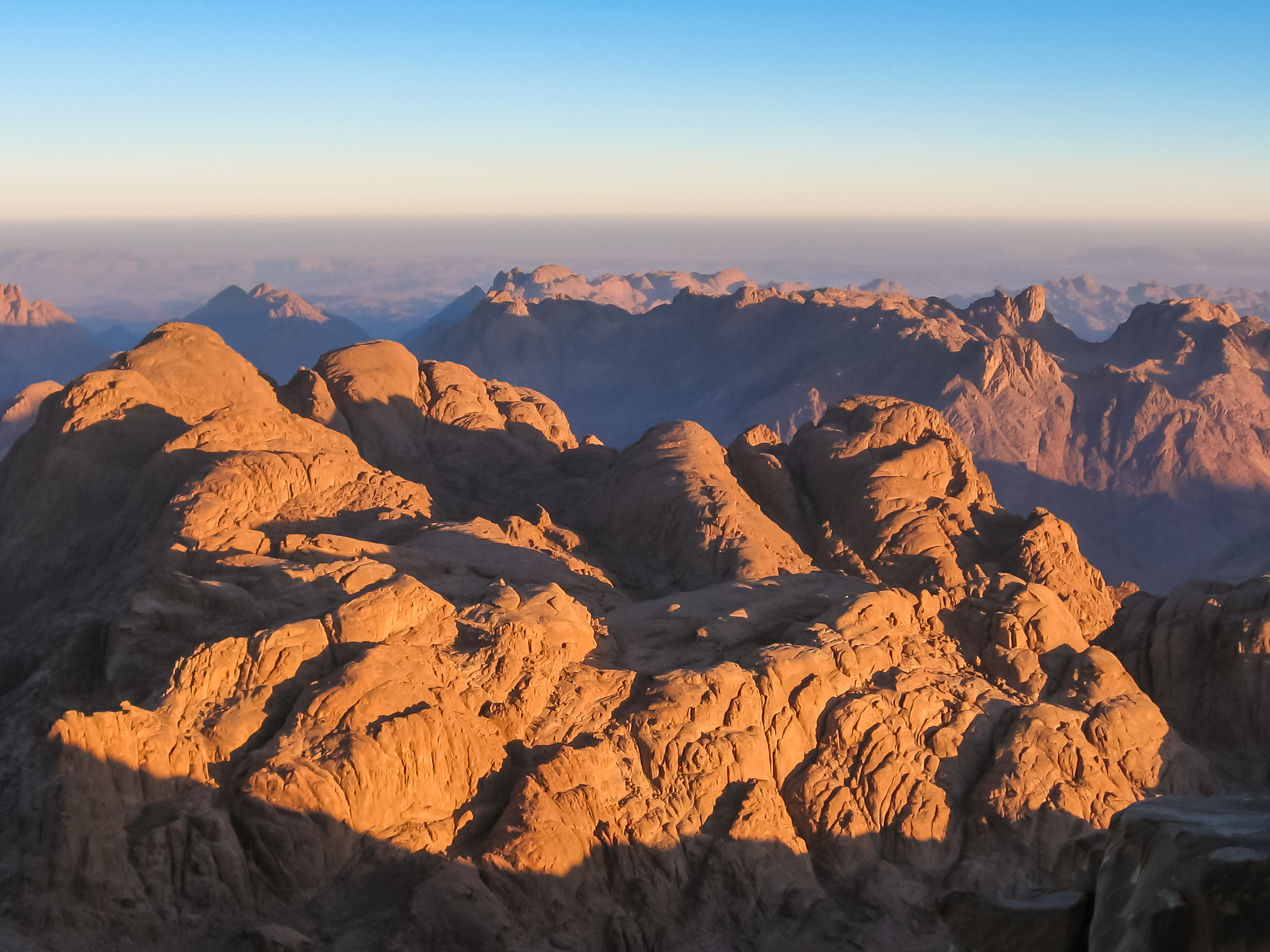 Slide 16 of 41: Spectacular aerial view of the holy summit of Mount Sinai, Aka Jebel Musa, 2285 meters, at sunrise, Sinai Peninsula in Egypt.