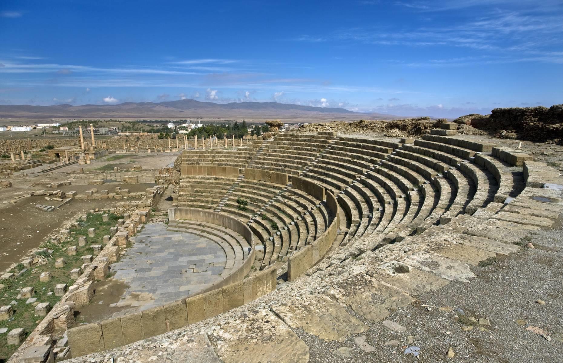 Slide 7 of 30: The city’s enormous 3,500-seat amphitheater is largely intact. The library, which dates from the 3rd or 4th century AD, is thought to have once been stocked with around 3,000 papyrus rolls. In the 5th century, the city was sacked by the Vandals and went into decline and abandonment. The Scottish explorer James Bruce then came upon the ruins in late 1765, buried in the desert. Discover more of the world's lost cities that have been rediscovered.