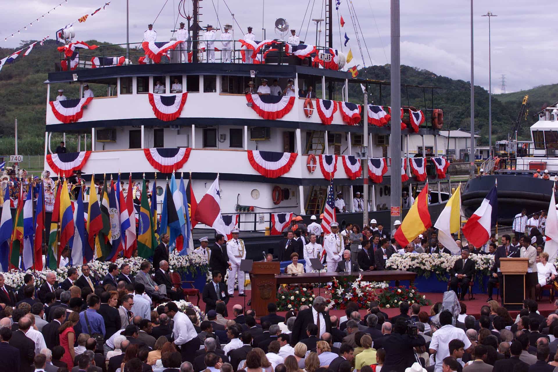 The Torrijos–Carter Treaties signed in 1977 by US President Jimmy Carter and General Omar Torrijos of Panama guaranteed that Panama would gain administration of the Panama Canal after 1999. Pictured is the handover on December 31, 1999, which ended the control of the canal that the US had exercised since 1903.