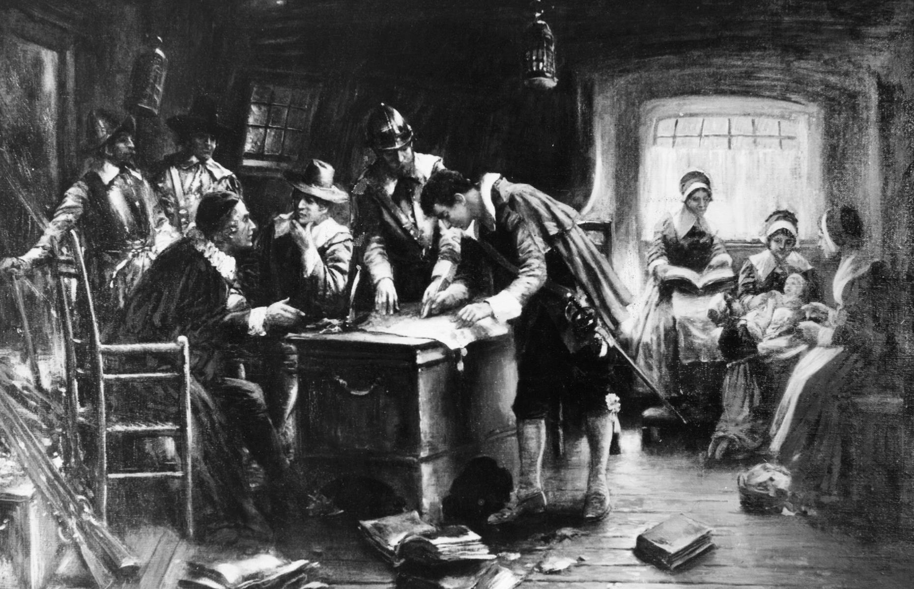 <p>The <a href="https://www.plimoth.org/sites/default/files/wysiwyg-images/Mayflower%20Compact%20in%20Bradford%27s%20Hand.pdf">Mayflower Compact</a> was signed by 41 men, as depicted here, who stated their intentions "to plant the first colony in the Northerne parts of Virginia" for "the glory of God, and advancement of the Christian faith". The Pilgrims also promised to act under "civill body politick, for our better ordering and preservation". Once the document was signed, the colonists began to explore the land they'd arrived upon. </p>