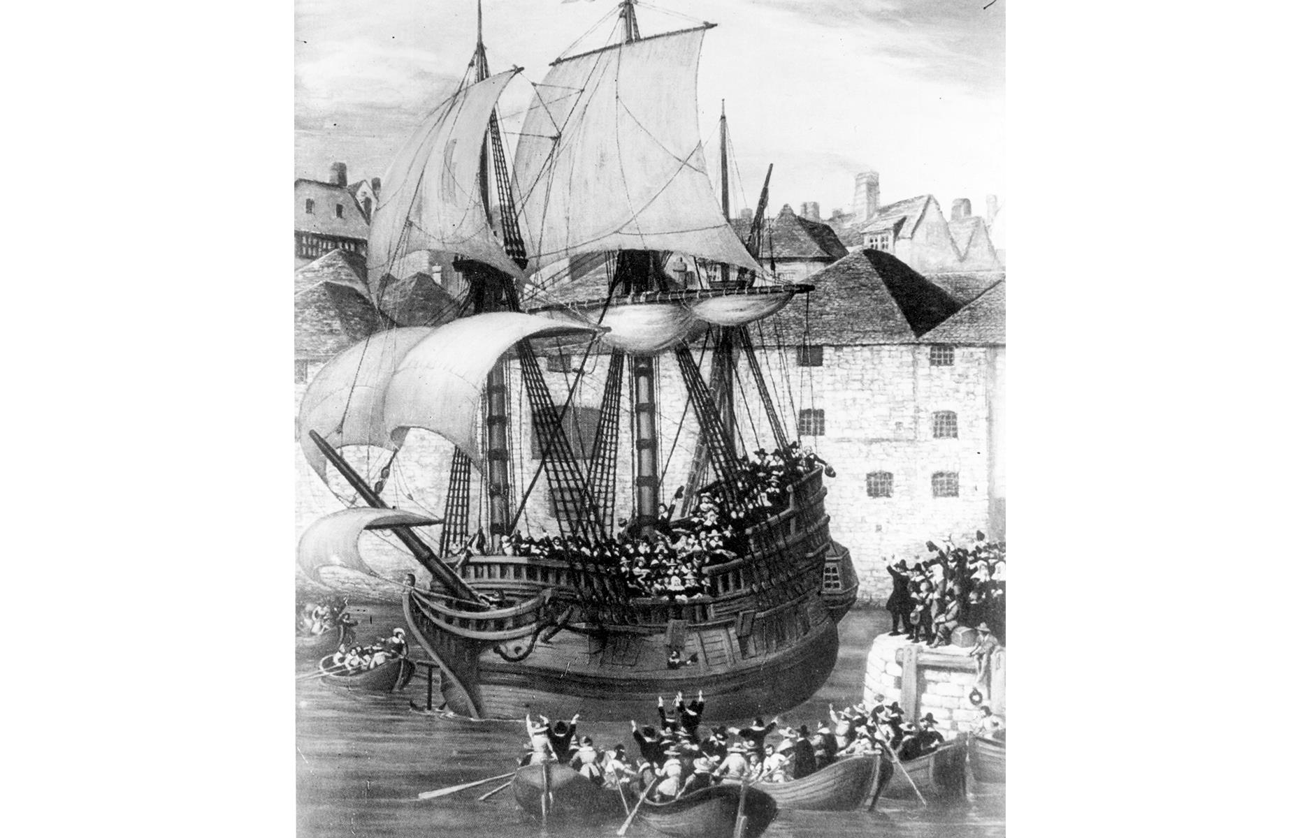 The Mayflower eventually left the port of Plymouth in September (as captured in this drawing). The ship was captained by Christopher Jones (who likely resided in its stern), while the passengers – including key figures like Separatist leader William Brewster – would have made do with the cramped, chilly conditions of the cargo deck.