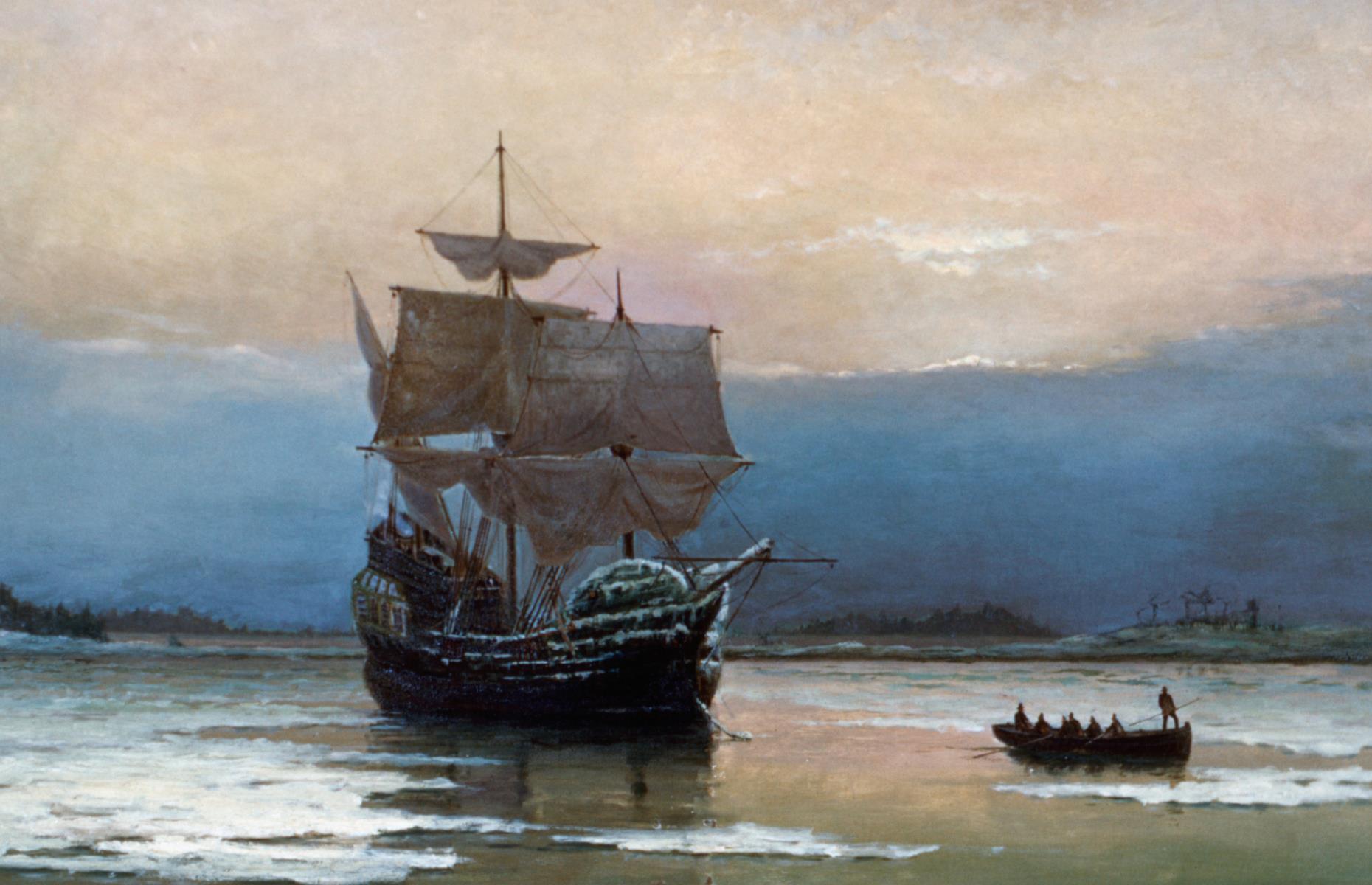 In August 1620, the Mayflower and the Speedwell ships finally set out from Southampton – but this initial journey was short lived. Soon after the ships embarked on their voyage, the Speedwell sprang a leak and both vessels were forced to turn around and head to the port at Plymouth. It was this turn of fate that would cement the Mayflower’s place in history. The famous ship is depicted here at sea.