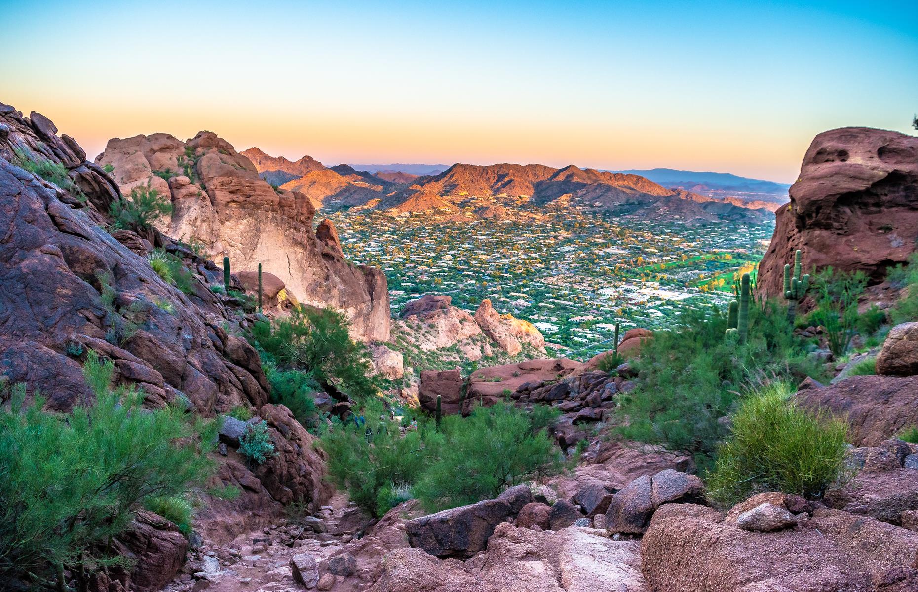 <p>A stone's throw from downtown Phoenix, the much-visited <a href="http://climbcamelback.com/">Camelback Mountain</a> rises 2,704 feet (824m) into the sky. The peak's proximity to the city – not to mention the epic views from its summit – makes it one of the most popular hikes in the area. Be prepared though: both the mountain's trails – Echo Canyon and Cholla – are pretty strenuous, and you'll need a good base level of fitness to complete them. Rest assured they're worth it though. </p>