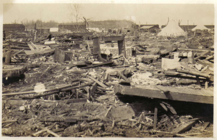 13 of 64 Photo in Gallery: Parts of the Midwest were struck by a huge and devastating outbreak of tornadoes in March 1925, including the deadliest tornado in US history. The Great Tri-State Tornado on 18 March left a trail of destruction in its path, from southeastern Missouri through southern Illinois and southwest Indiana. It killed 695 people and destroyed around 15,000 homes. This image shows a toppled house that was carried for more than 50 feet (15m) by the gusts, which reached up to 300 miles per hour (483km/h).