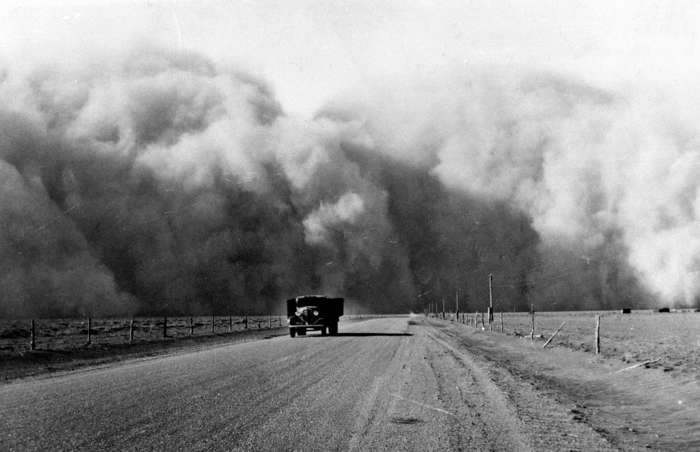 21 of 64 Photo in Gallery: Years of sustained drought caused the Dust Bowl, the name given to the parched Southern Plains region in the 1930s. During the drought there were many dramatic dust storms, referred to as “black blizzards”, which were caused by high winds stirring the dusty topsoil throughout Kansas, Colorado, New Mexico, Oklahoma and Texas. The worst storm happened on 14 April 1935, when severe dust storms spread east from the Oklahoma Panhandle. It was coined Black Sunday.&nbsp;