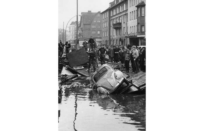 33 of 64 Photo in Gallery: An intense storm in the North Sea on 16 and 17 February 1962 led to wide-scale flooding and destruction in parts of coastal Germany. Strong winds caused a powerful storm surge, and the port city of Hamburg suffered the most, as a sixth of it flooded. Over 6,000 buildings were destroyed and 315 people lost their lives.