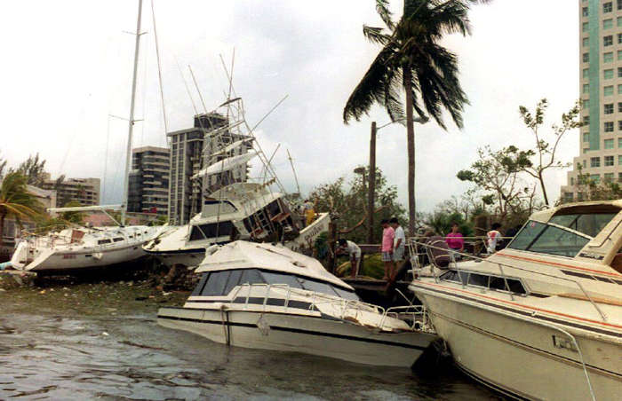 48 of 64 Photo in Gallery: Category 5 Hurricane Andrew clobbered south Florida during the night of 24 August 1992, with winds of up to 170&nbsp;miles per hour (282km/h). It was one of the biggest natural disasters in American history, causing 61 deaths and an estimated $26.5&nbsp;billion&nbsp;in damage. The long-lasting impact of Hurricane Andrew led to major changes to the state’s storm preparation strategies.&nbsp;