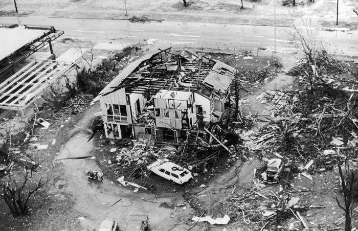 39 of 64 Photo in Gallery: Christmas took a tragic turn for the people of Darwin, in Australia’s Northern Territory, in 1974, when the city was pretty much wiped out by the voracious Cyclone Tracy. The Category 4 storm barreled in from the northern coast on Christmas Eve and destroyed around 90% of the city, killing 71 and rendering thousands homeless. At the airport, 31 planes were destroyed and another 25 badly damaged. It remains among Australia’s worst cyclones in terms of both deaths and damages.